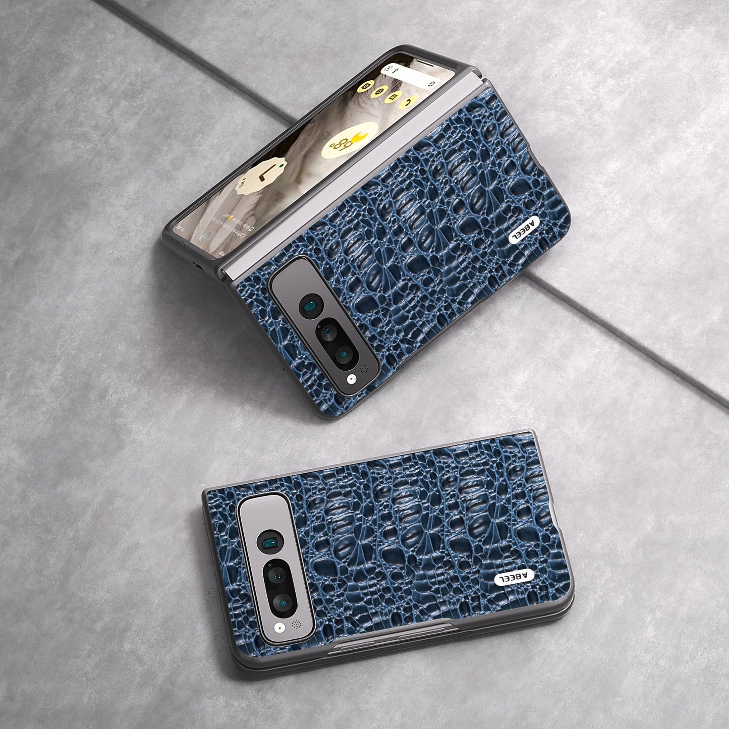 Uniqkart For Google Pixel Fold Impact Absorbing Case Canopy Texture Genuine Cow Leather + PC Phone Cover - Blue