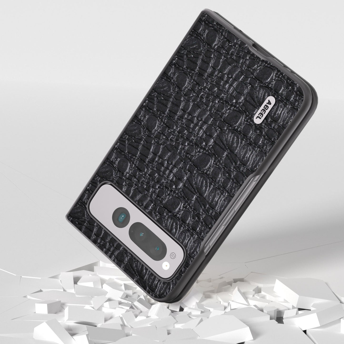 Uniqkart For Google Pixel Fold Impact Absorbing Case Canopy Texture Genuine Cow Leather + PC Phone Cover - Black