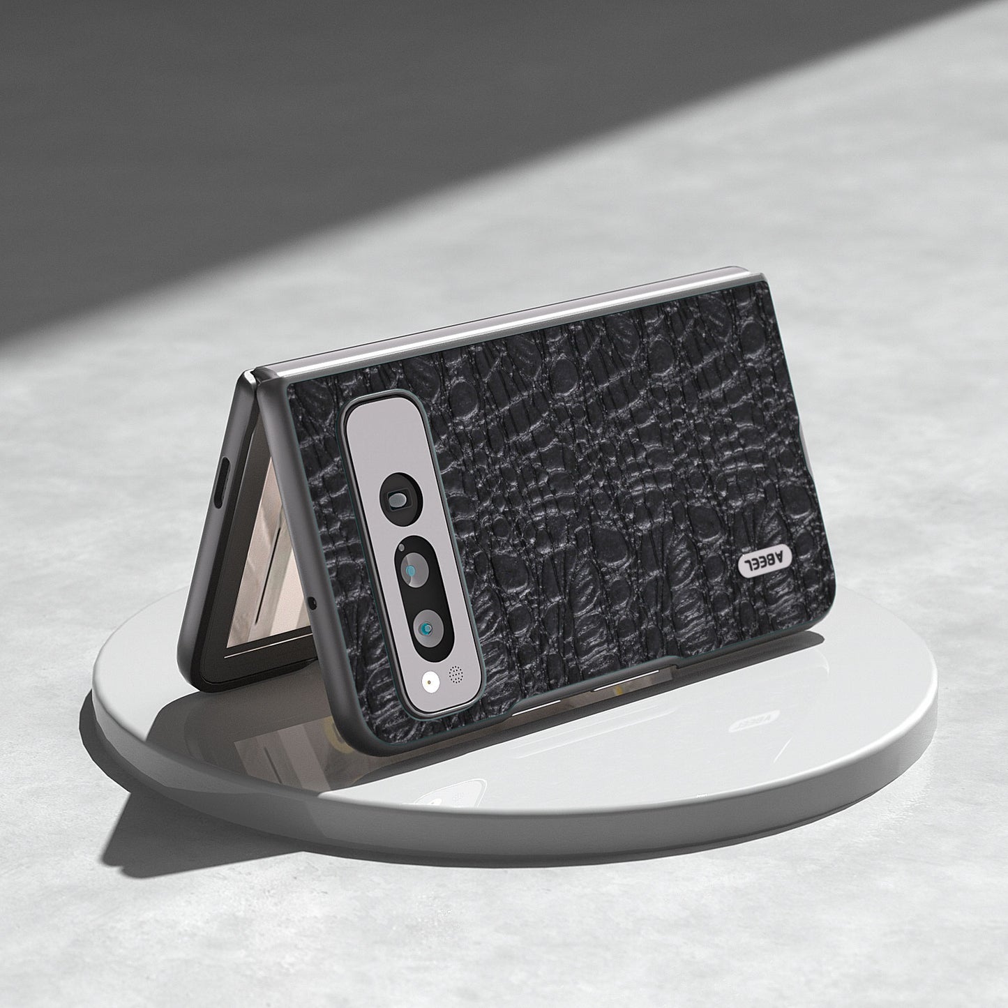 Uniqkart For Google Pixel Fold Impact Absorbing Case Canopy Texture Genuine Cow Leather + PC Phone Cover - Black