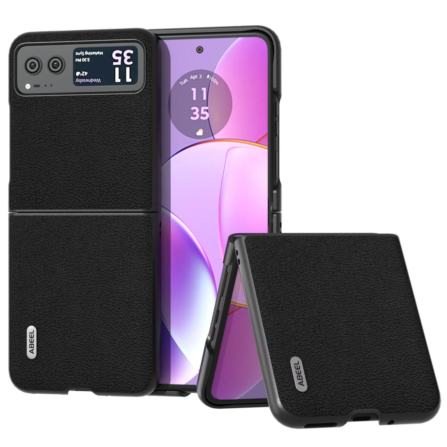 Uniqkart For Motorola Razr 40 5G Slim Litchi Texture Phone Case Genuine Cow Leather + PC Protective Cover - Black