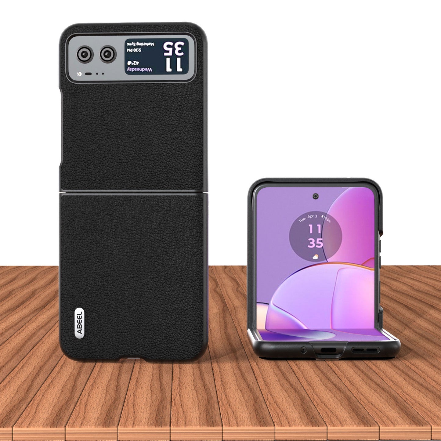 Uniqkart For Motorola Razr 40 5G Slim Litchi Texture Phone Case Genuine Cow Leather + PC Protective Cover - Black