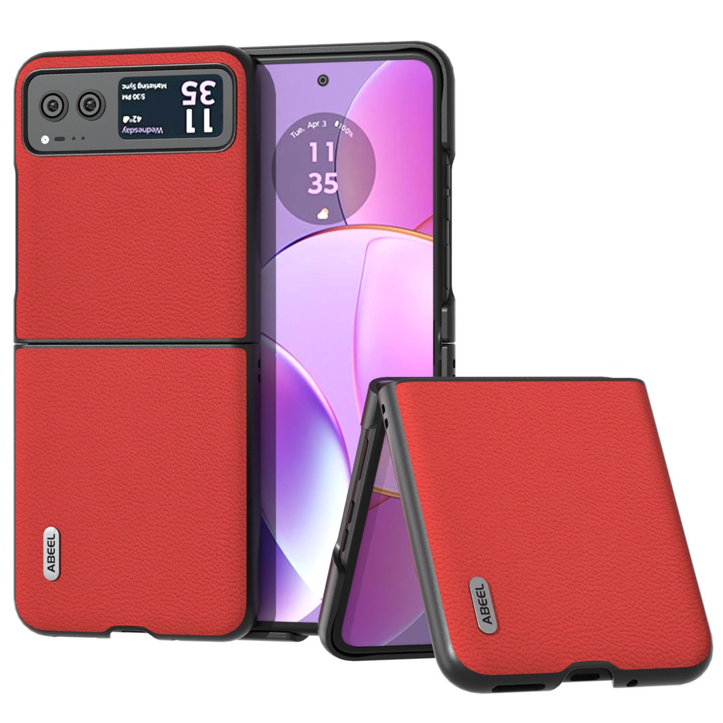 Uniqkart For Motorola Razr 40 5G Slim Litchi Texture Phone Case Genuine Cow Leather + PC Protective Cover - Red