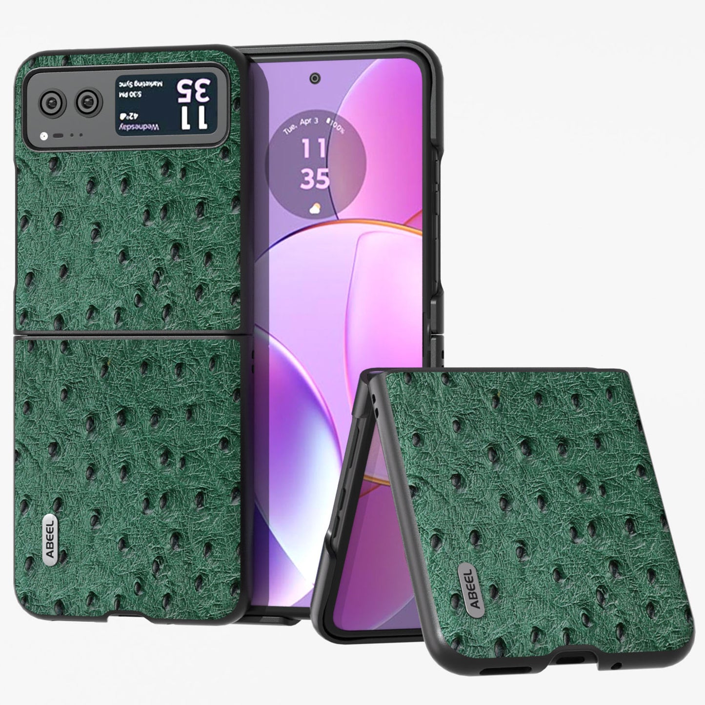 Uniqkart For Motorola Razr 40 5G Protective Slim Case Genuine Cow Leather Coated PC Ostrich Texture Phone Cover - Green