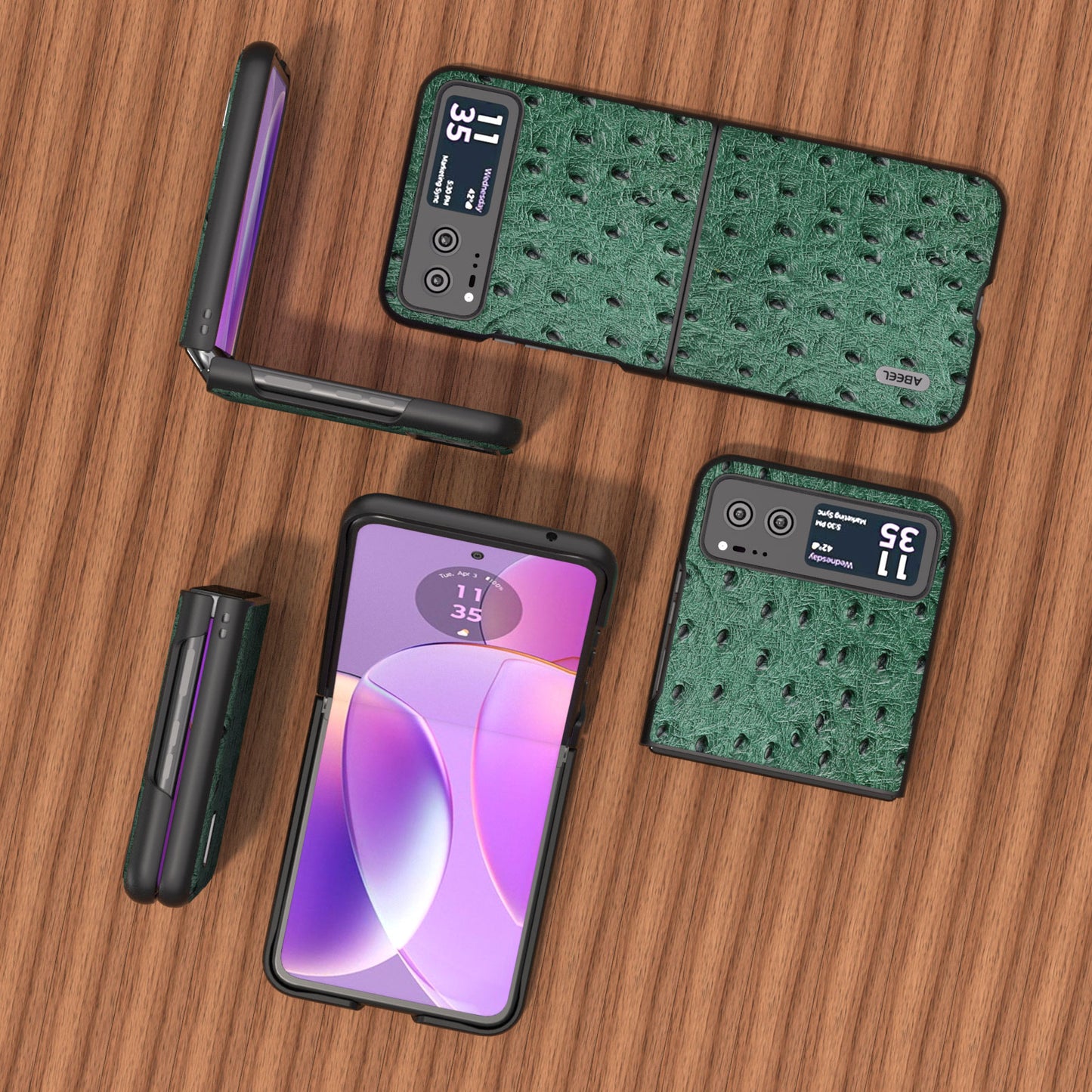 Uniqkart For Motorola Razr 40 5G Protective Slim Case Genuine Cow Leather Coated PC Ostrich Texture Phone Cover - Green