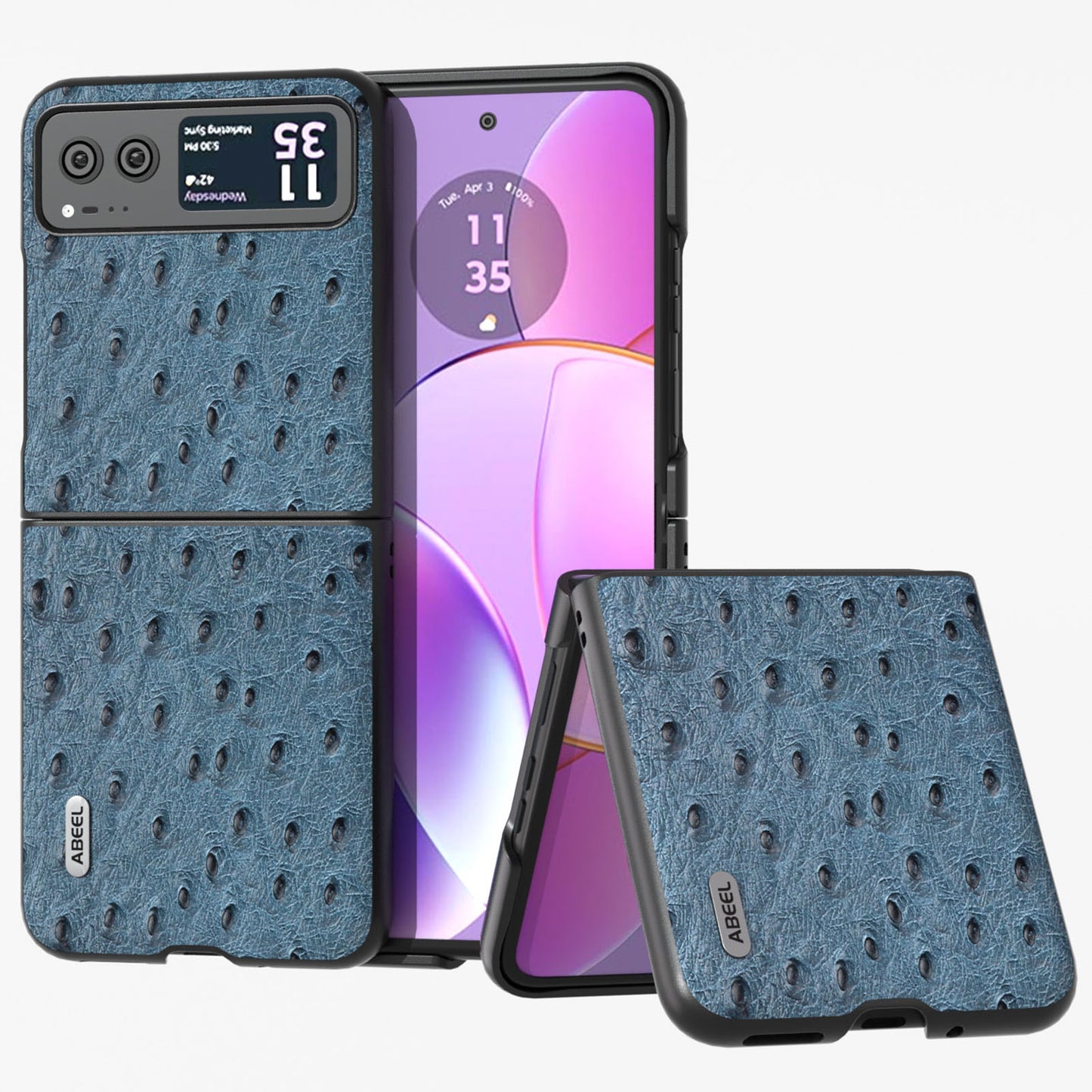 Uniqkart For Motorola Razr 40 5G Protective Slim Case Genuine Cow Leather Coated PC Ostrich Texture Phone Cover - Blue
