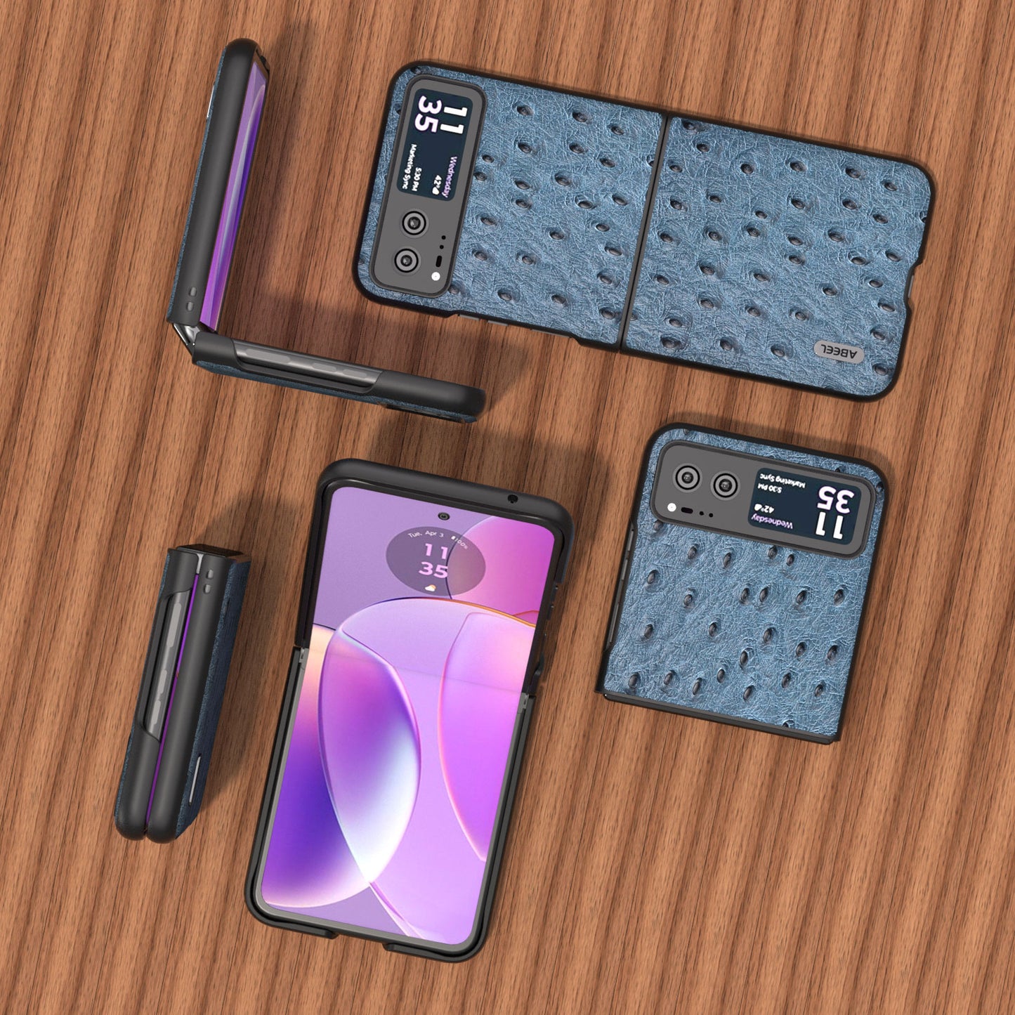 Uniqkart For Motorola Razr 40 5G Protective Slim Case Genuine Cow Leather Coated PC Ostrich Texture Phone Cover - Blue