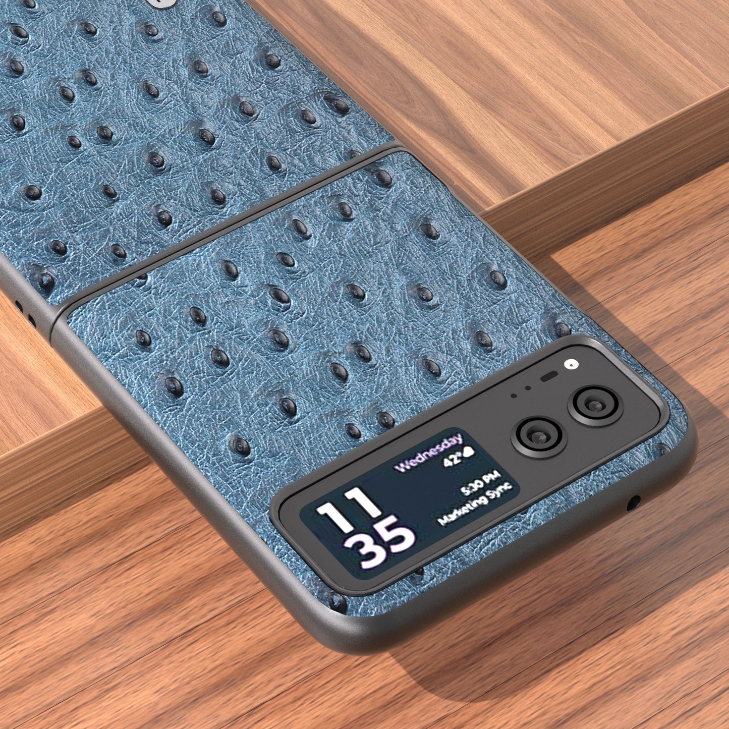Uniqkart For Motorola Razr 40 5G Protective Slim Case Genuine Cow Leather Coated PC Ostrich Texture Phone Cover - Blue