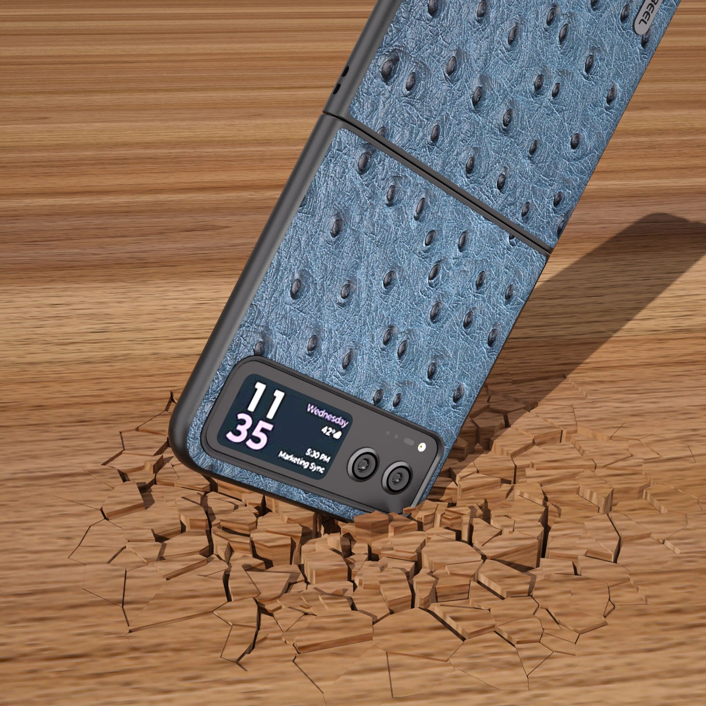 Uniqkart For Motorola Razr 40 5G Protective Slim Case Genuine Cow Leather Coated PC Ostrich Texture Phone Cover - Blue