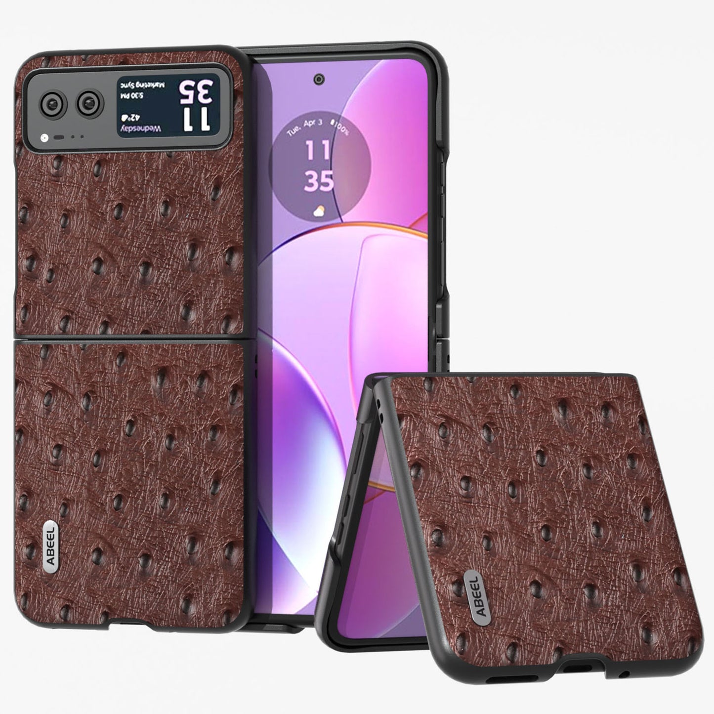 Uniqkart For Motorola Razr 40 5G Protective Slim Case Genuine Cow Leather Coated PC Ostrich Texture Phone Cover - Coffee