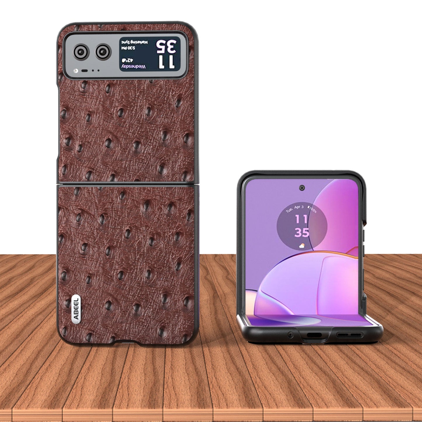 Uniqkart For Motorola Razr 40 5G Protective Slim Case Genuine Cow Leather Coated PC Ostrich Texture Phone Cover - Coffee