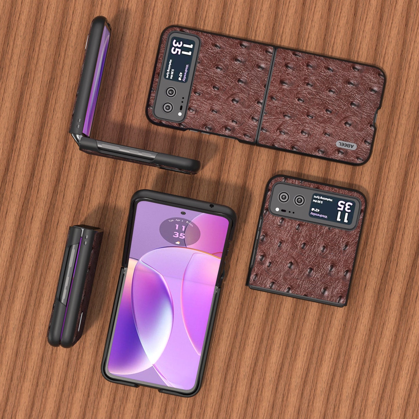 Uniqkart For Motorola Razr 40 5G Protective Slim Case Genuine Cow Leather Coated PC Ostrich Texture Phone Cover - Coffee