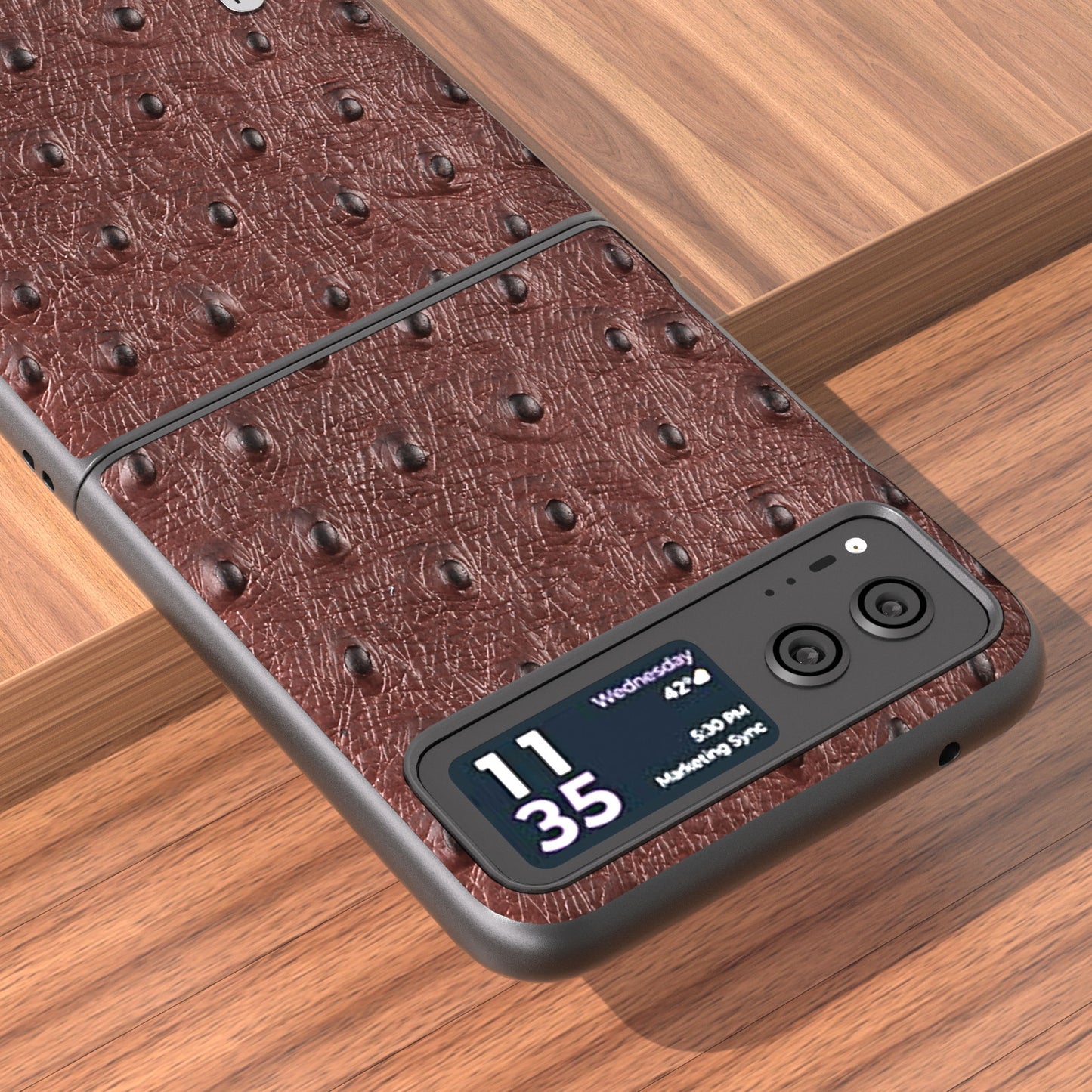 Uniqkart For Motorola Razr 40 5G Protective Slim Case Genuine Cow Leather Coated PC Ostrich Texture Phone Cover - Coffee