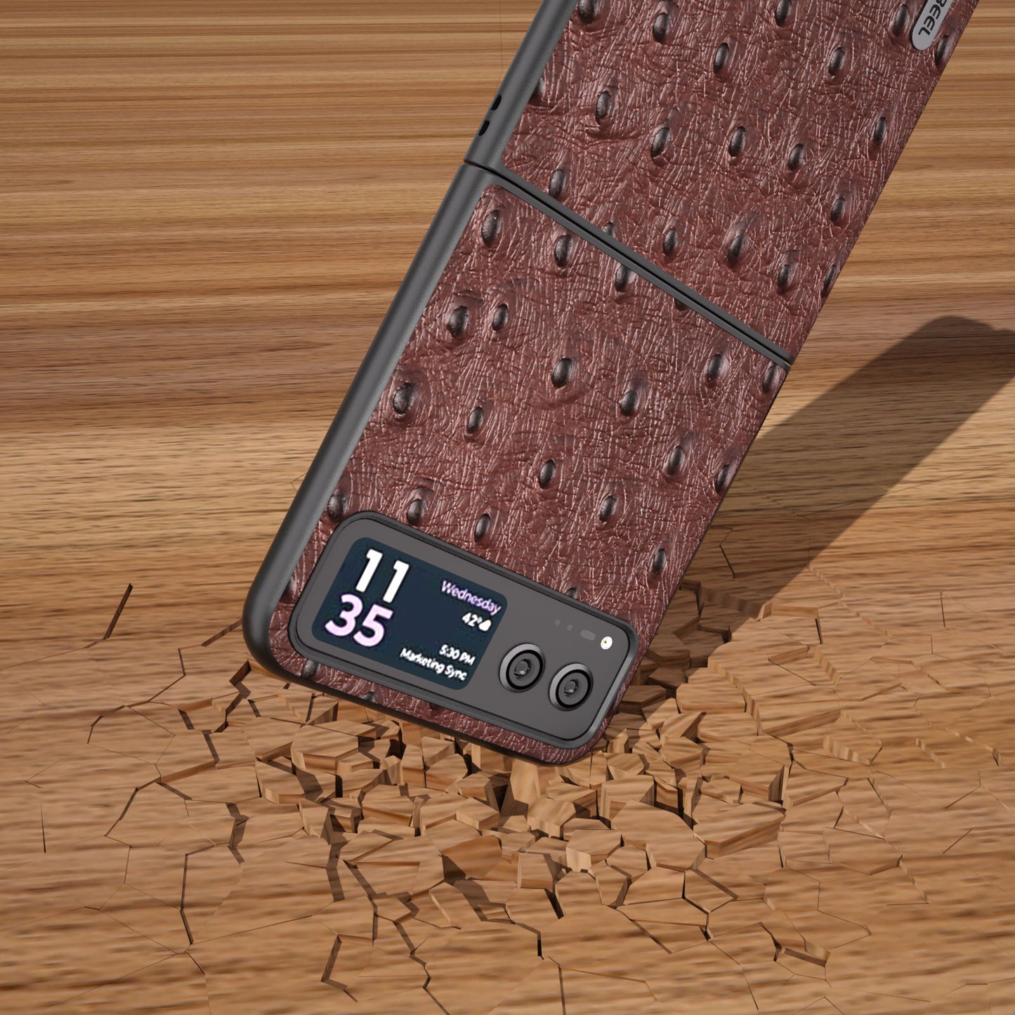 Uniqkart For Motorola Razr 40 5G Protective Slim Case Genuine Cow Leather Coated PC Ostrich Texture Phone Cover - Coffee