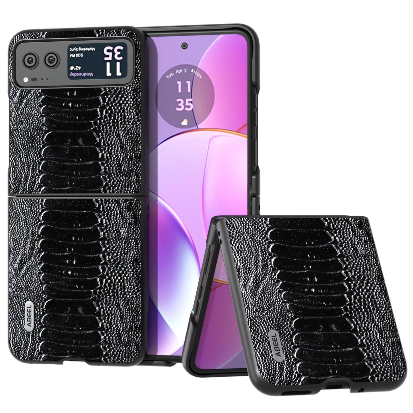 Uniqkart for Motorola Razr 40 5G Genuine Cow Leather + Hard PC Shell Crocodile Texture Phone Case - Black