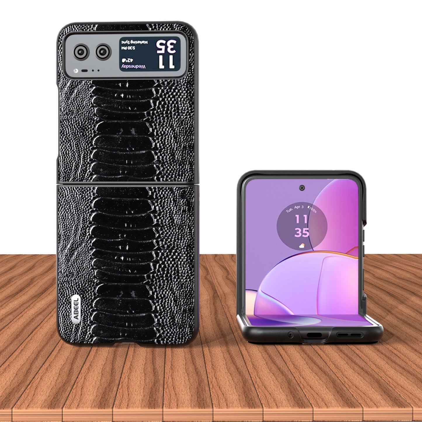 Uniqkart for Motorola Razr 40 5G Genuine Cow Leather + Hard PC Shell Crocodile Texture Phone Case - Black