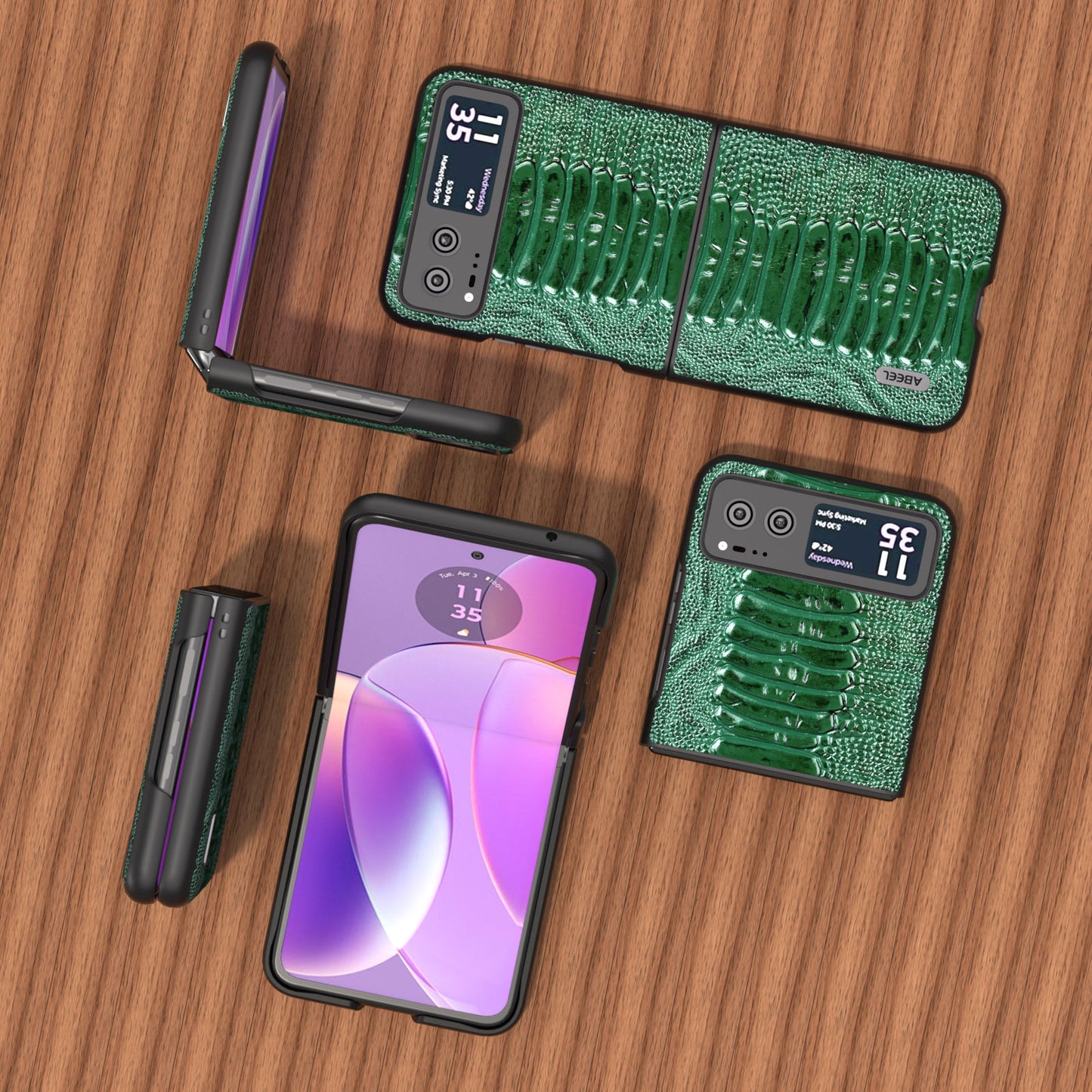 Uniqkart for Motorola Razr 40 5G Genuine Cow Leather + Hard PC Shell Crocodile Texture Phone Case - Green