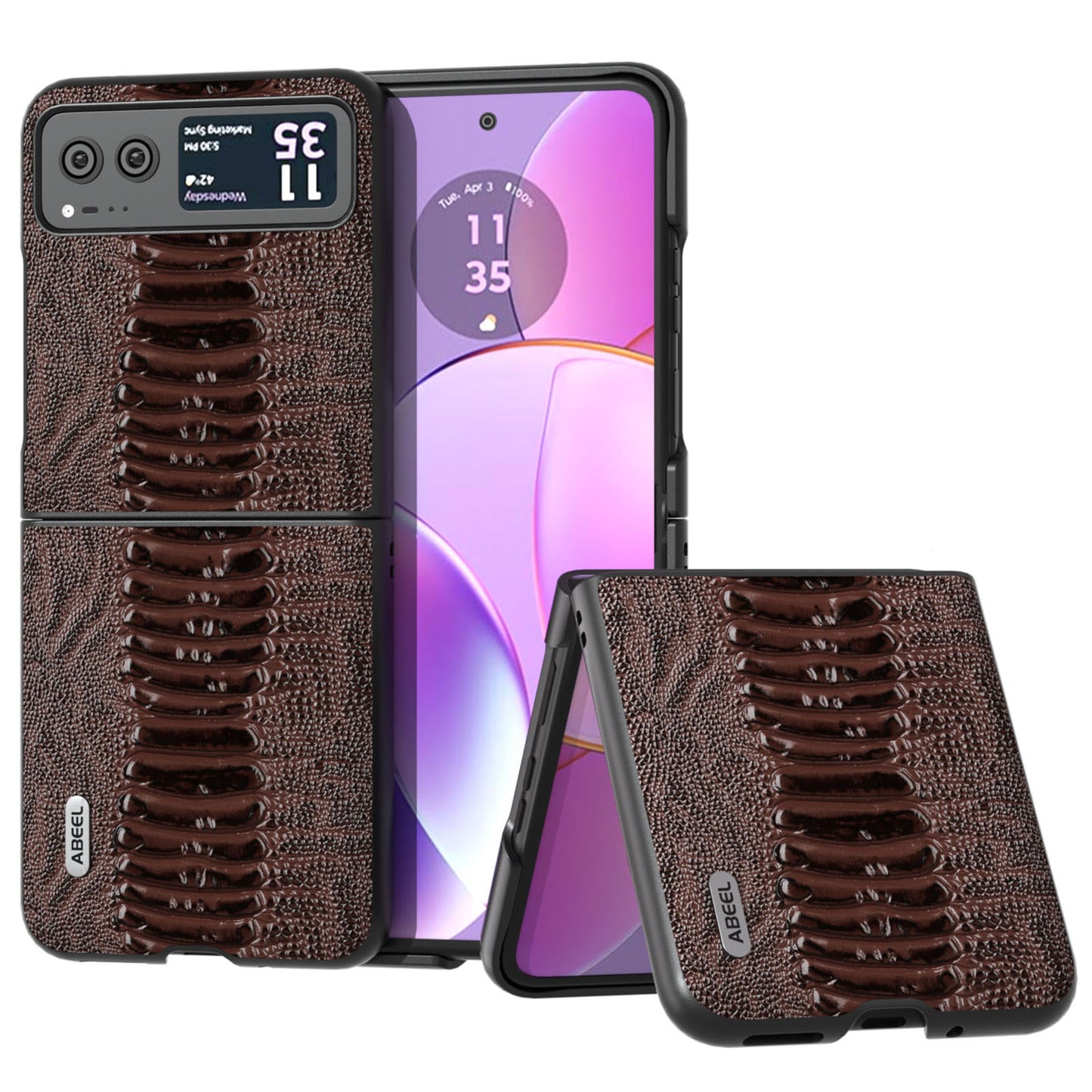 Uniqkart for Motorola Razr 40 5G Genuine Cow Leather + Hard PC Shell Crocodile Texture Phone Case - Coffee