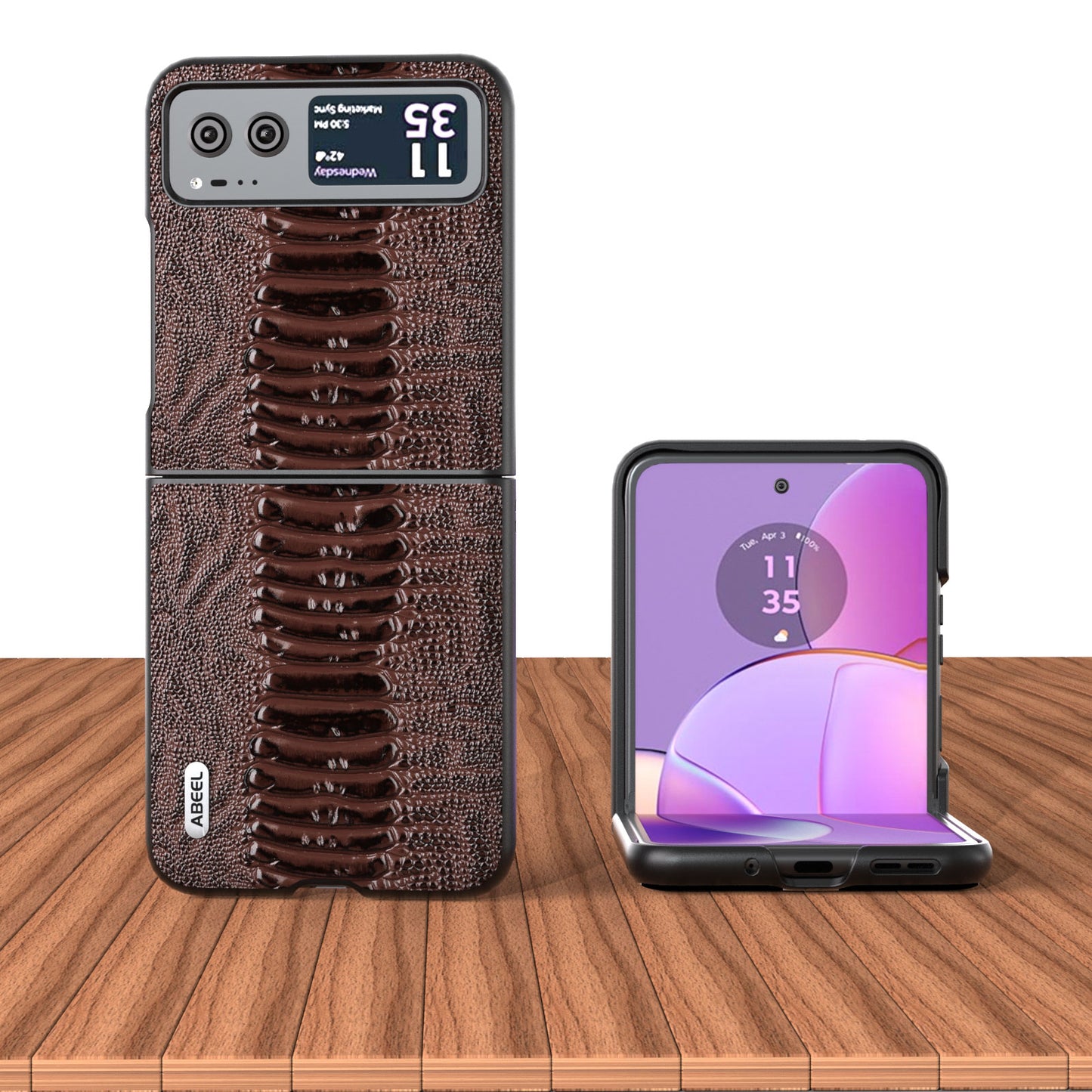 Uniqkart for Motorola Razr 40 5G Genuine Cow Leather + Hard PC Shell Crocodile Texture Phone Case - Coffee