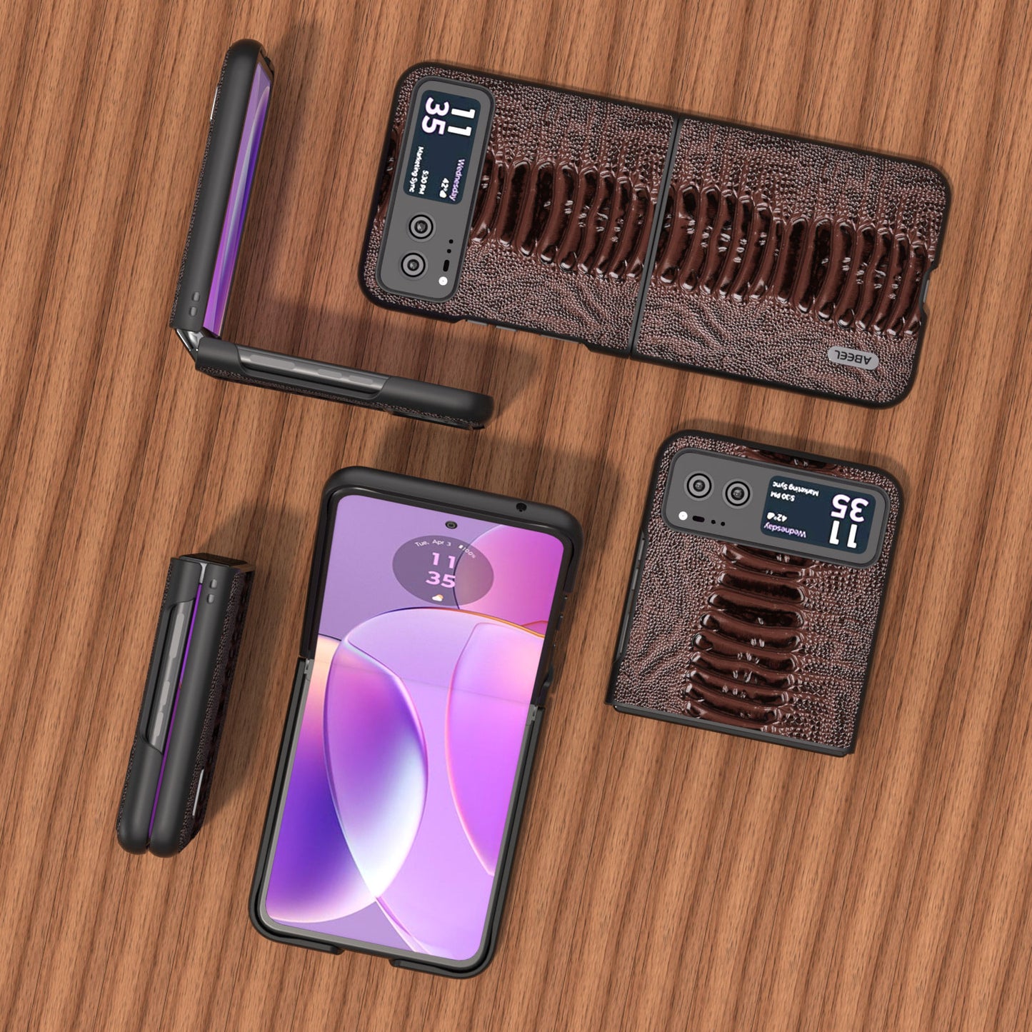 Uniqkart for Motorola Razr 40 5G Genuine Cow Leather + Hard PC Shell Crocodile Texture Phone Case - Coffee