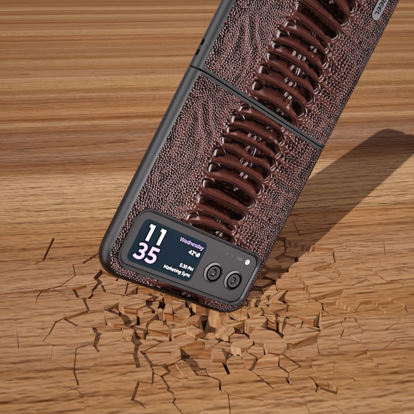 Uniqkart for Motorola Razr 40 5G Genuine Cow Leather + Hard PC Shell Crocodile Texture Phone Case - Coffee