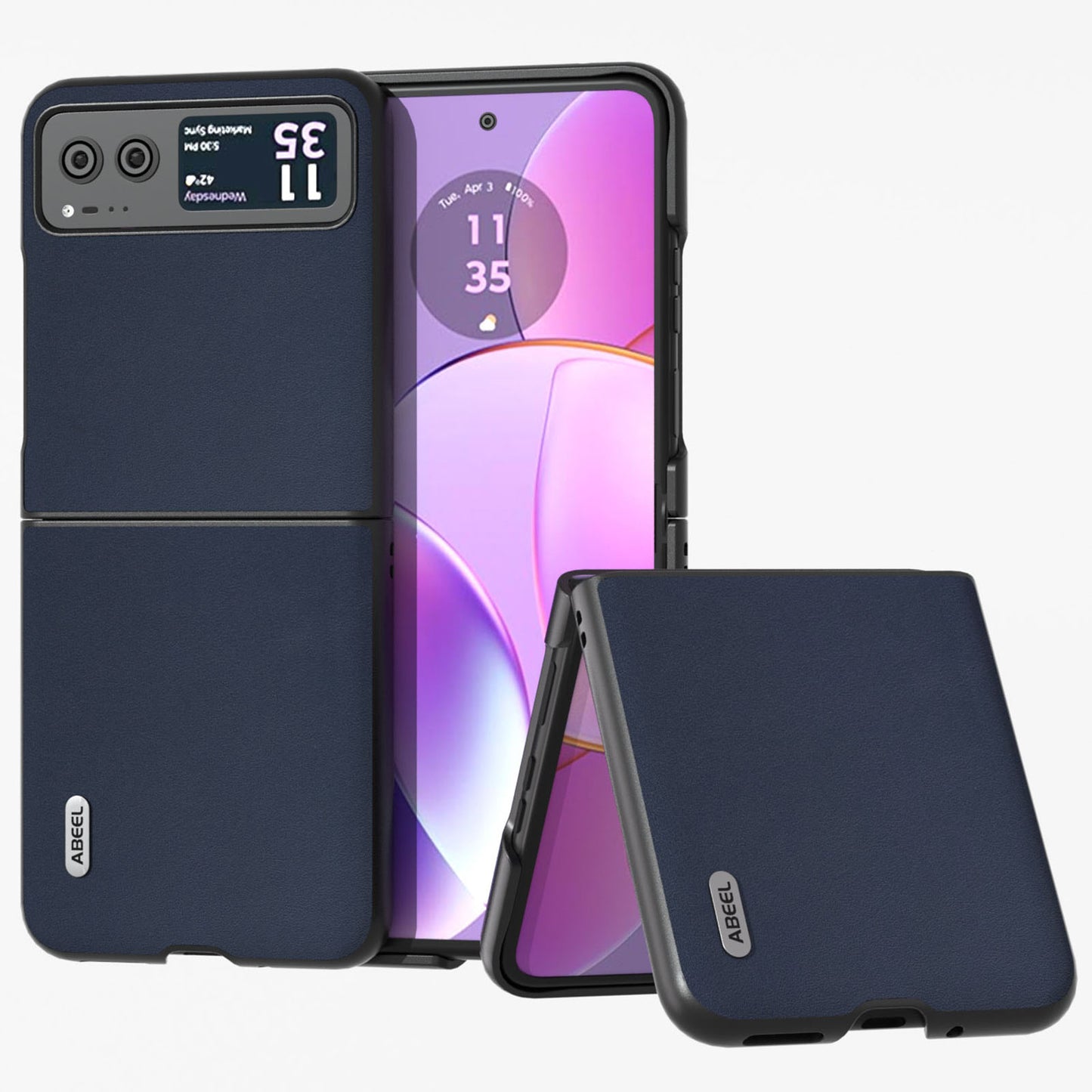 Uniqkart For Motorola Razr 40 5G Nappa Texture Phone Case Genuine Cow Leather + Hard PC Protective Cover - Blue