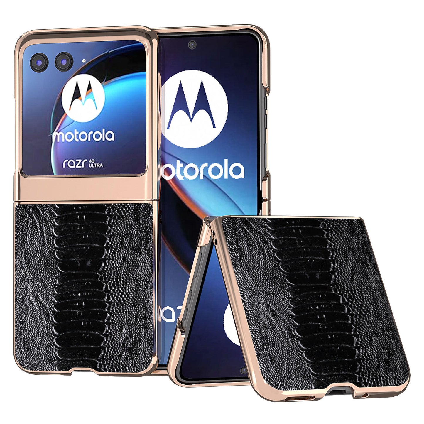 Uniqkart for Motorola Razr 40 Ultra 5G Crocodile Texture Thin Cover Genuine Cow Leather + PC Electroplating Phone Case - Black