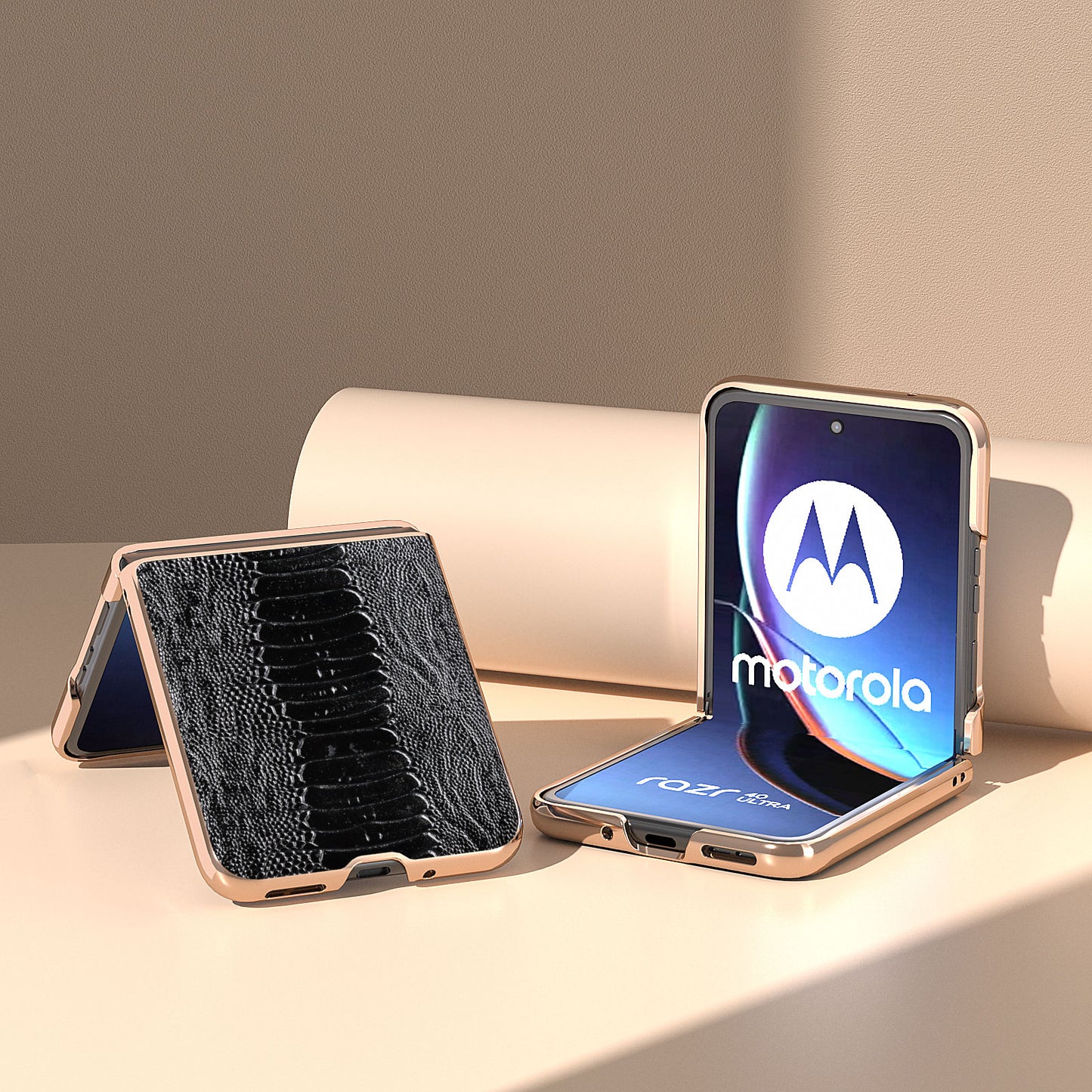 Uniqkart for Motorola Razr 40 Ultra 5G Crocodile Texture Thin Cover Genuine Cow Leather + PC Electroplating Phone Case - Black