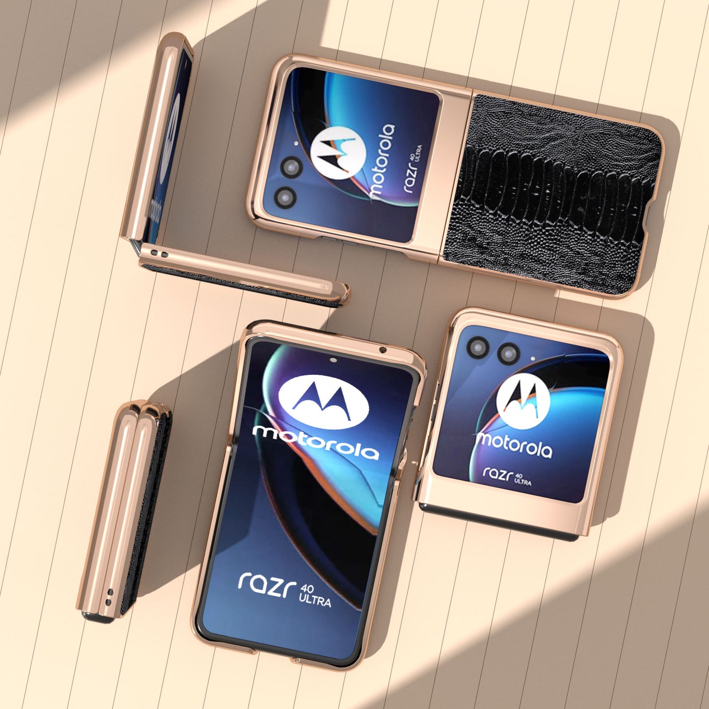 Uniqkart for Motorola Razr 40 Ultra 5G Crocodile Texture Thin Cover Genuine Cow Leather + PC Electroplating Phone Case - Black