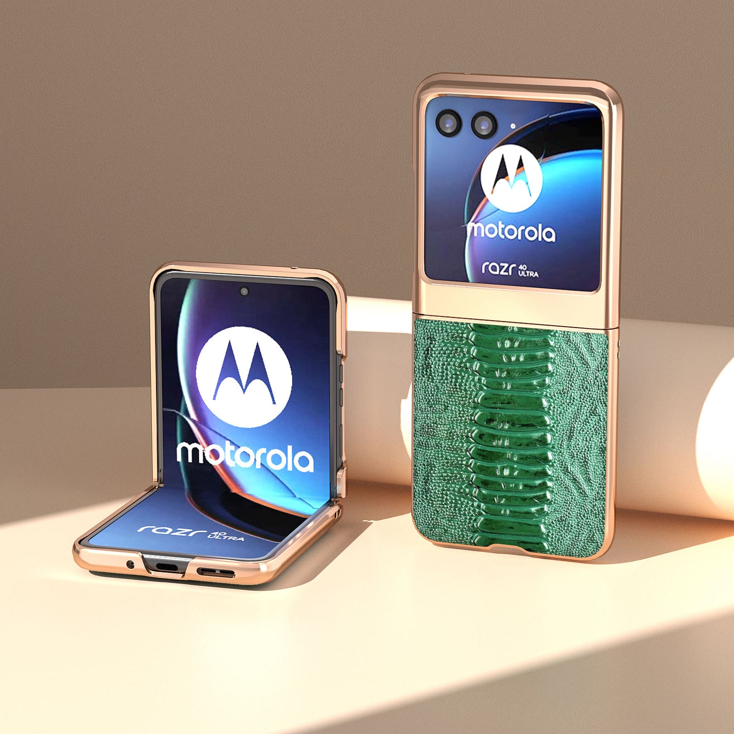 Uniqkart for Motorola Razr 40 Ultra 5G Crocodile Texture Thin Cover Genuine Cow Leather + PC Electroplating Phone Case - Green