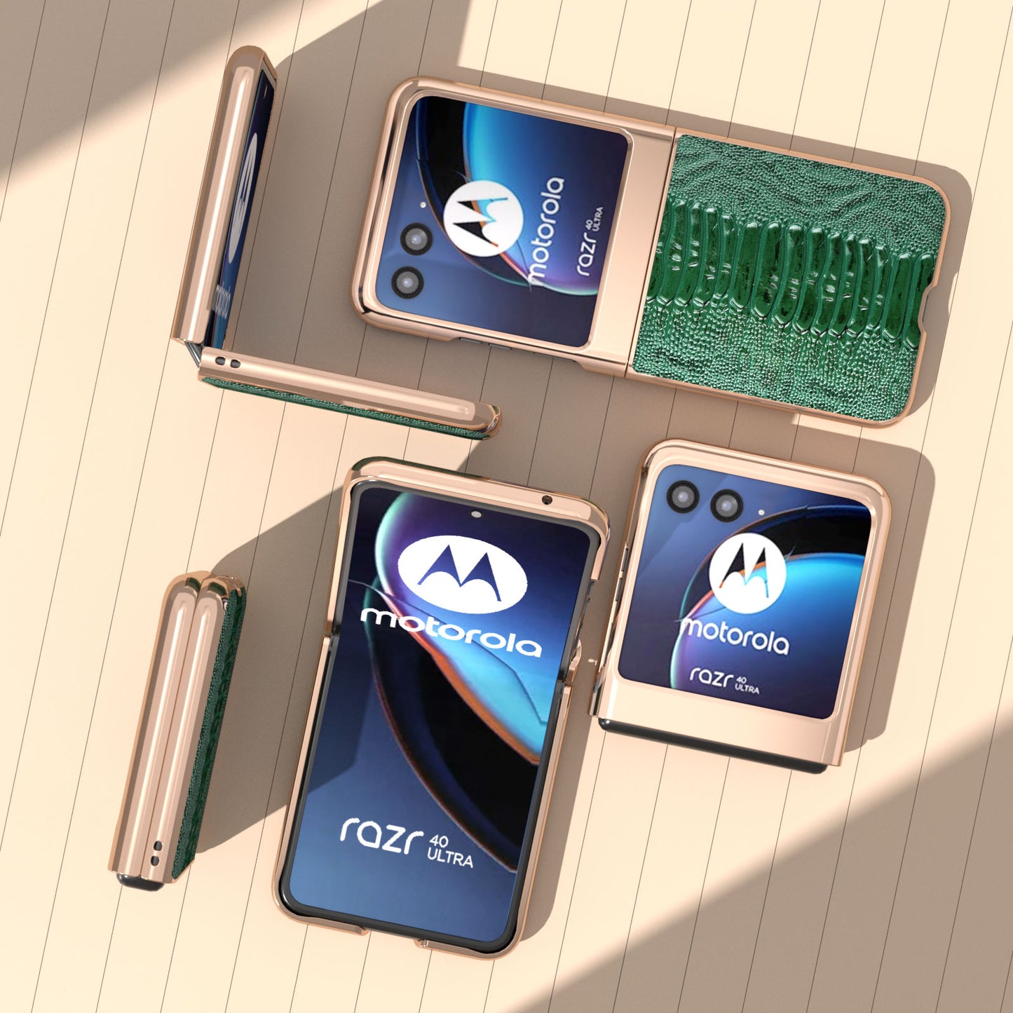 Uniqkart for Motorola Razr 40 Ultra 5G Crocodile Texture Thin Cover Genuine Cow Leather + PC Electroplating Phone Case - Green