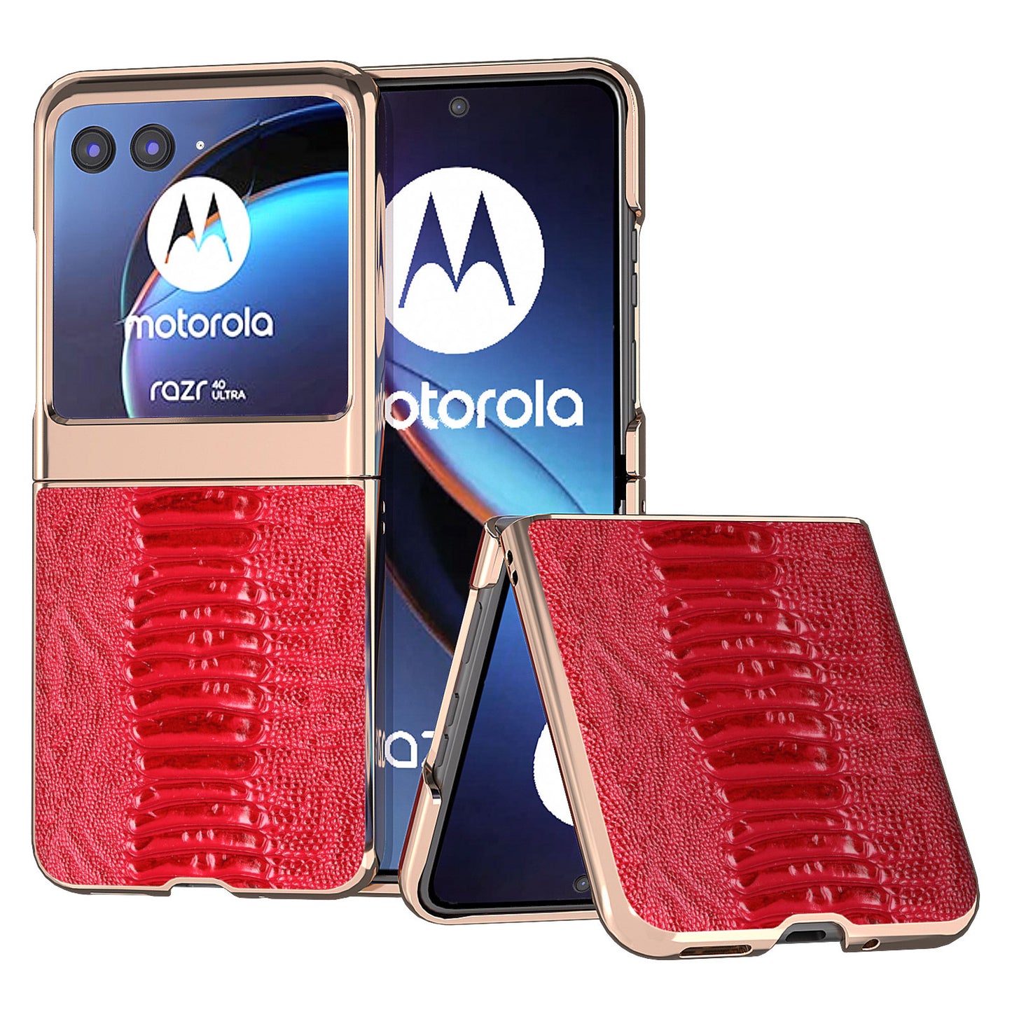 Uniqkart for Motorola Razr 40 Ultra 5G Crocodile Texture Thin Cover Genuine Cow Leather + PC Electroplating Phone Case - Red