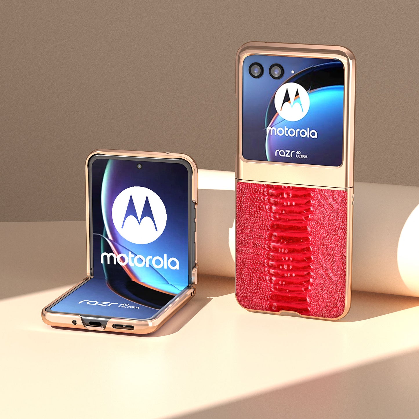 Uniqkart for Motorola Razr 40 Ultra 5G Crocodile Texture Thin Cover Genuine Cow Leather + PC Electroplating Phone Case - Red