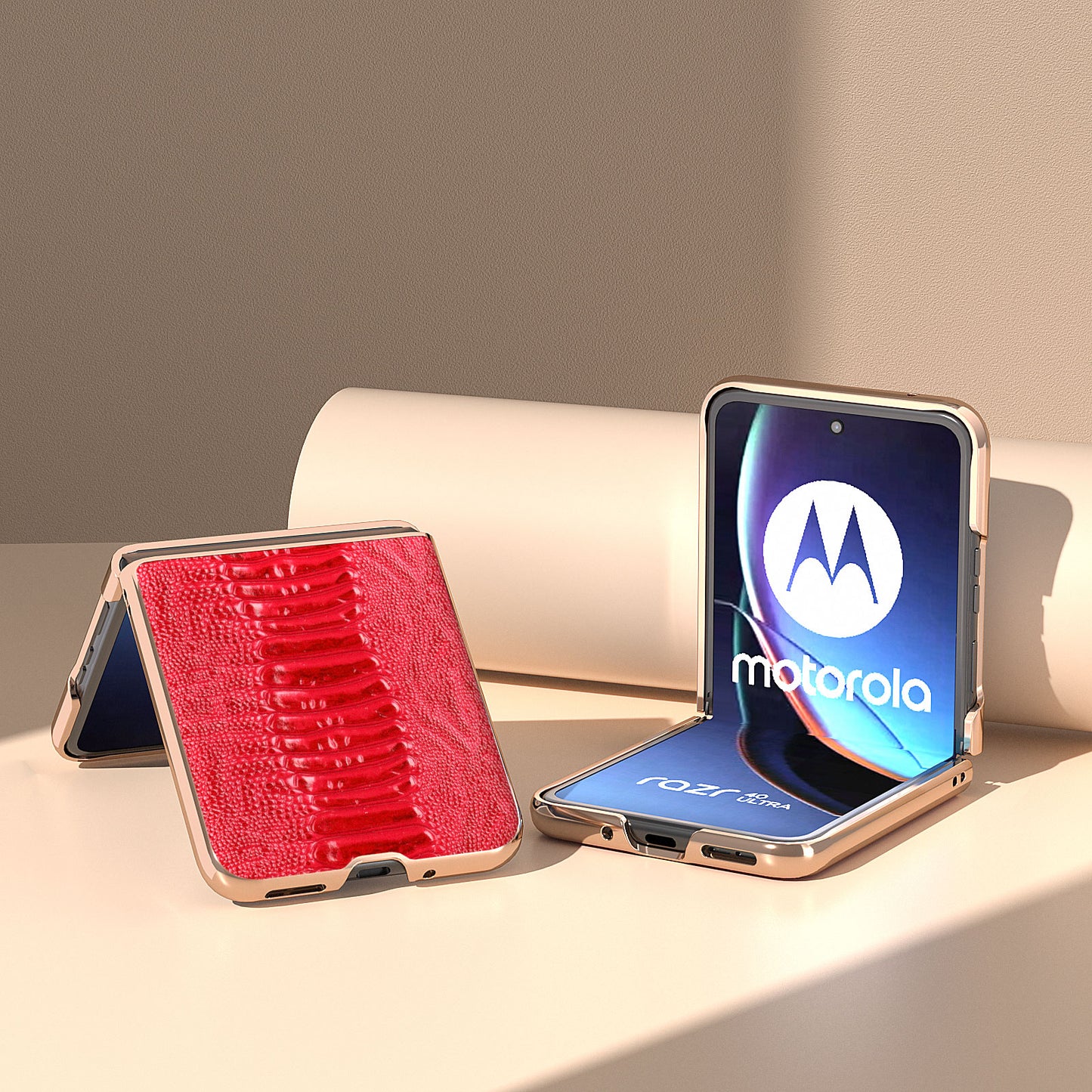 Uniqkart for Motorola Razr 40 Ultra 5G Crocodile Texture Thin Cover Genuine Cow Leather + PC Electroplating Phone Case - Red