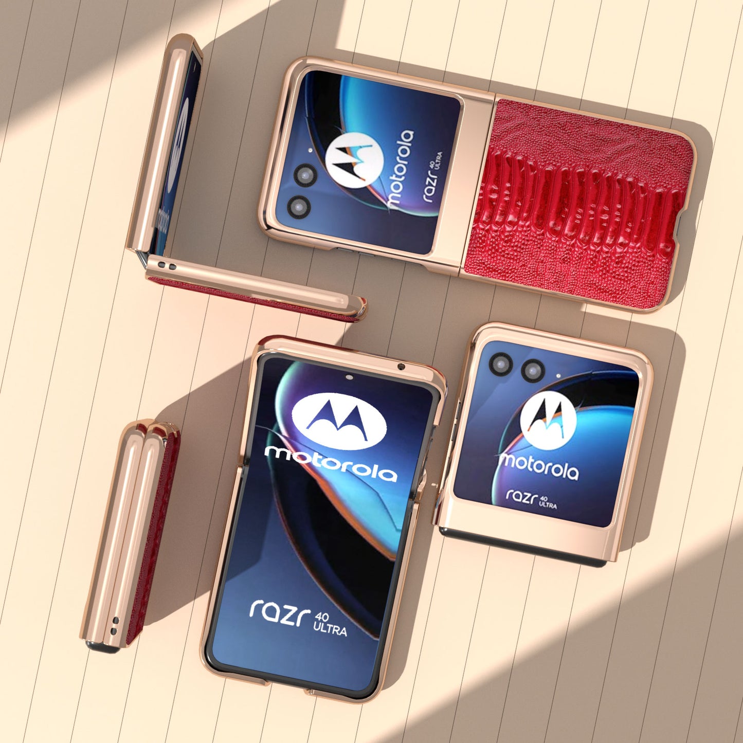 Uniqkart for Motorola Razr 40 Ultra 5G Crocodile Texture Thin Cover Genuine Cow Leather + PC Electroplating Phone Case - Red