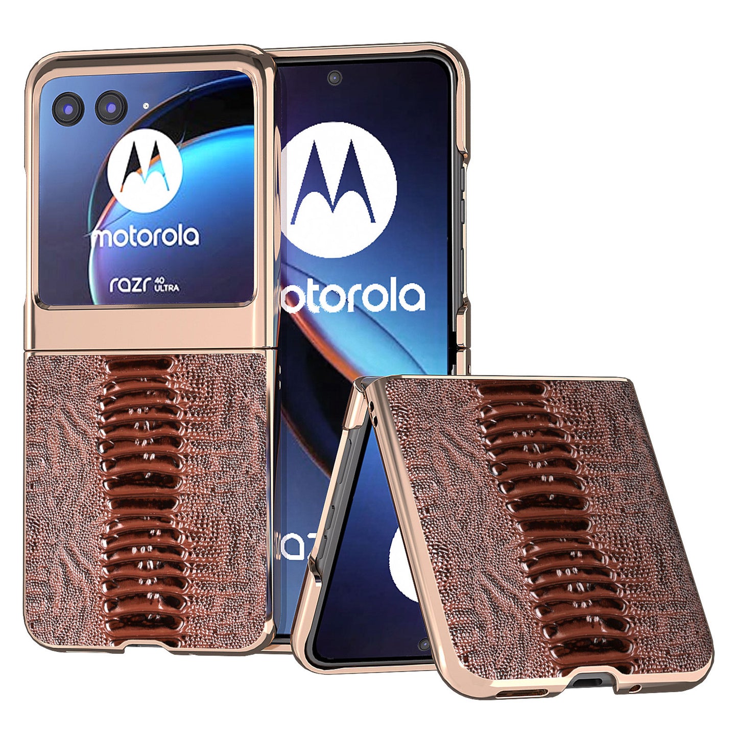 Uniqkart for Motorola Razr 40 Ultra 5G Crocodile Texture Thin Cover Genuine Cow Leather + PC Electroplating Phone Case - Coffee