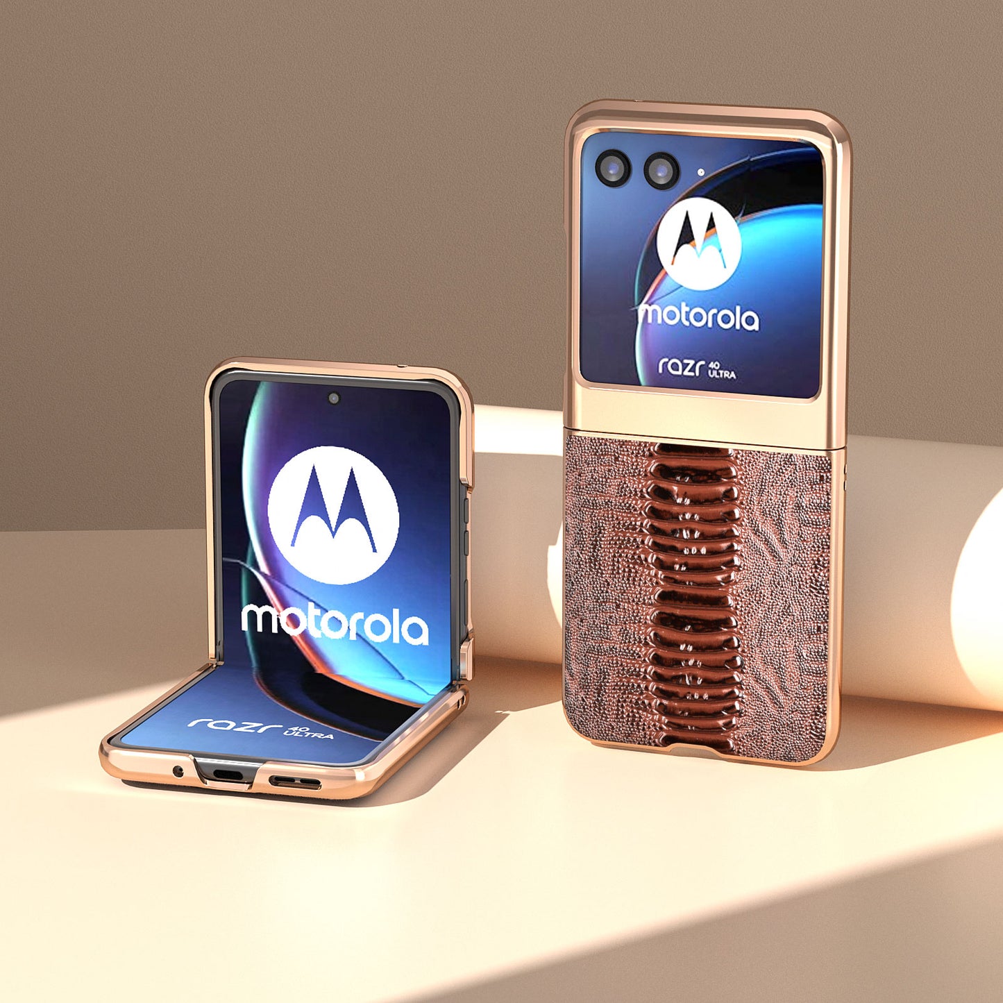 Uniqkart for Motorola Razr 40 Ultra 5G Crocodile Texture Thin Cover Genuine Cow Leather + PC Electroplating Phone Case - Coffee