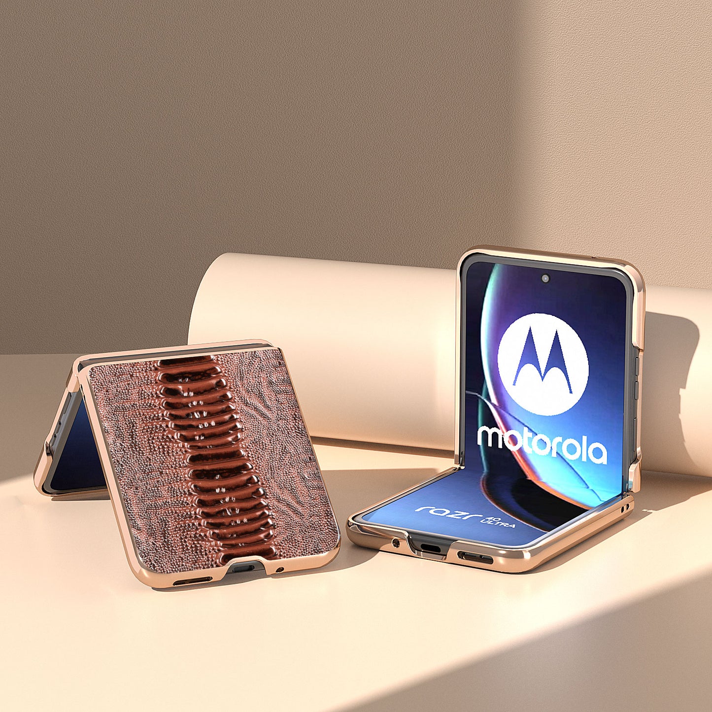 Uniqkart for Motorola Razr 40 Ultra 5G Crocodile Texture Thin Cover Genuine Cow Leather + PC Electroplating Phone Case - Coffee