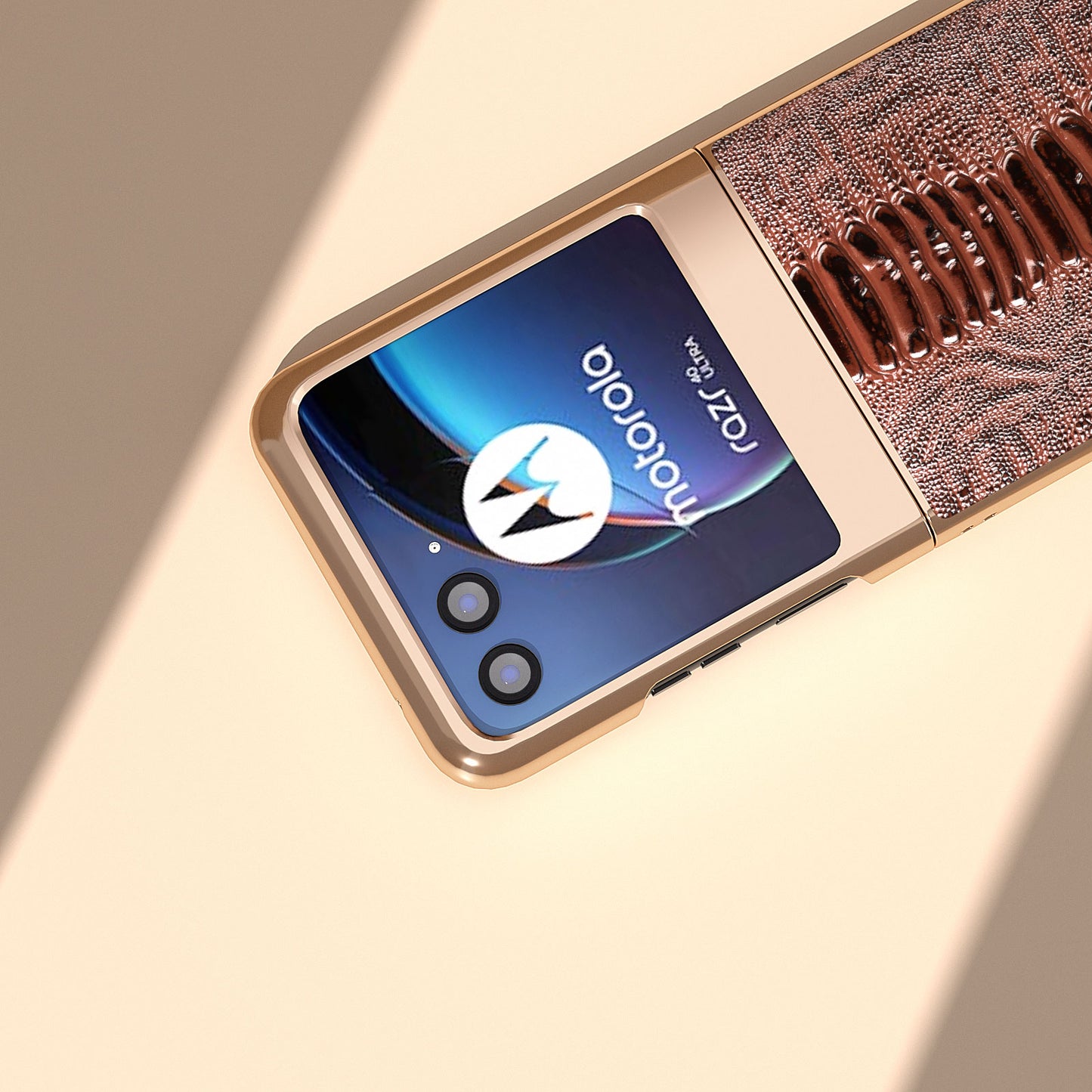 Uniqkart for Motorola Razr 40 Ultra 5G Crocodile Texture Thin Cover Genuine Cow Leather + PC Electroplating Phone Case - Coffee