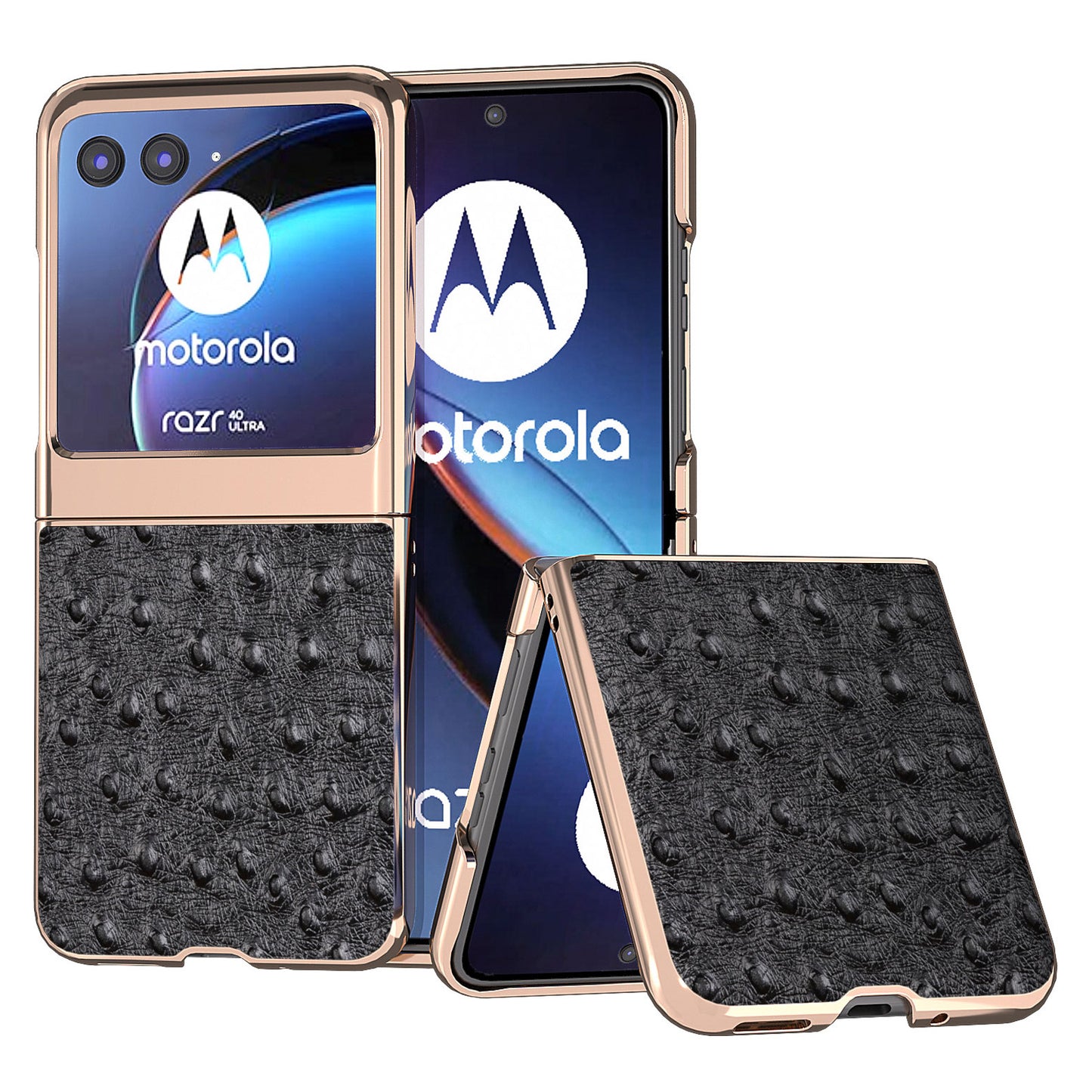 Uniqkart for Motorola Razr 40 Ultra 5G Shockproof Ostrich Texture Case Genuine Cow Leather + PC Electroplating Phone Cover - Black