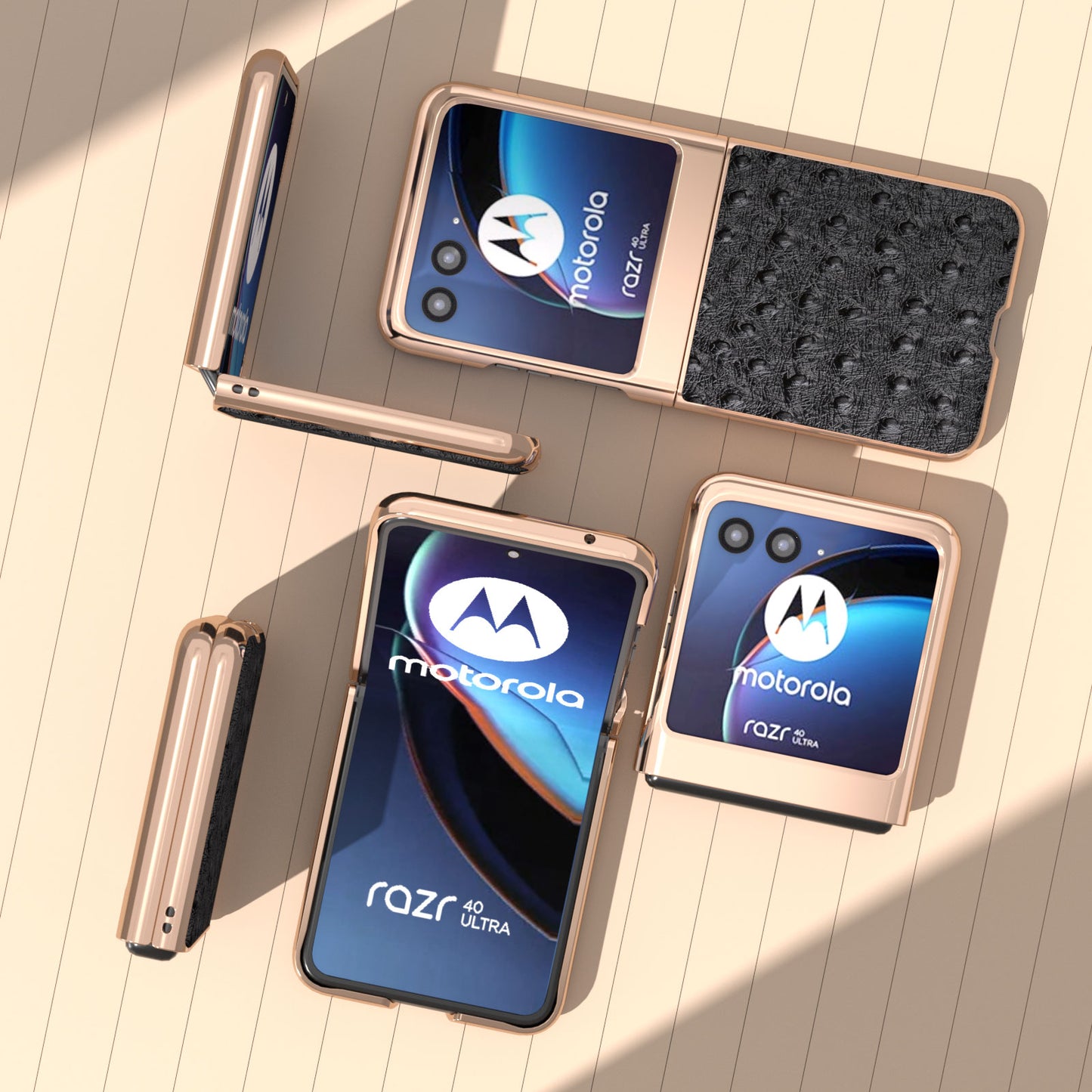 Uniqkart for Motorola Razr 40 Ultra 5G Shockproof Ostrich Texture Case Genuine Cow Leather + PC Electroplating Phone Cover - Black