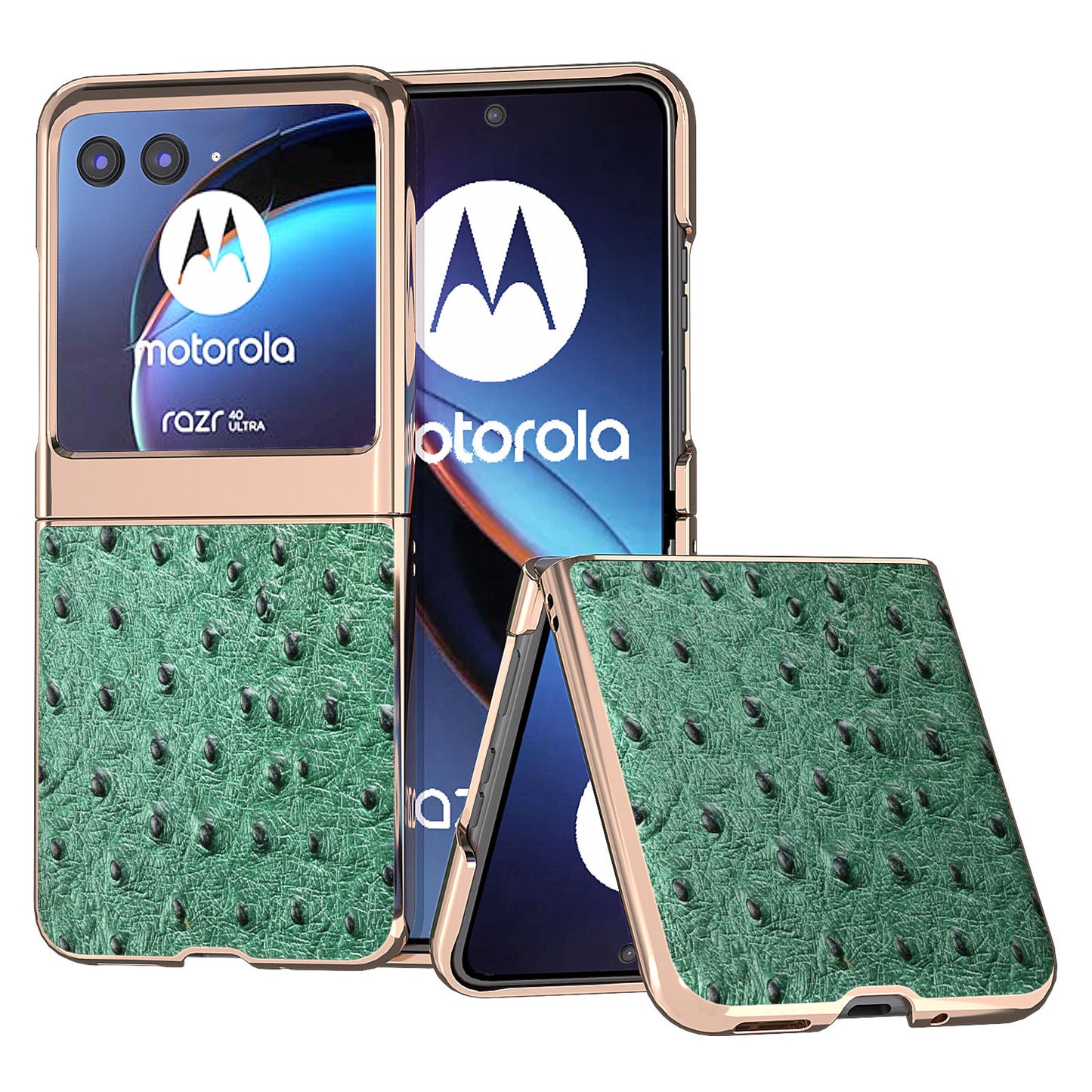 Uniqkart for Motorola Razr 40 Ultra 5G Shockproof Ostrich Texture Case Genuine Cow Leather + PC Electroplating Phone Cover - Green