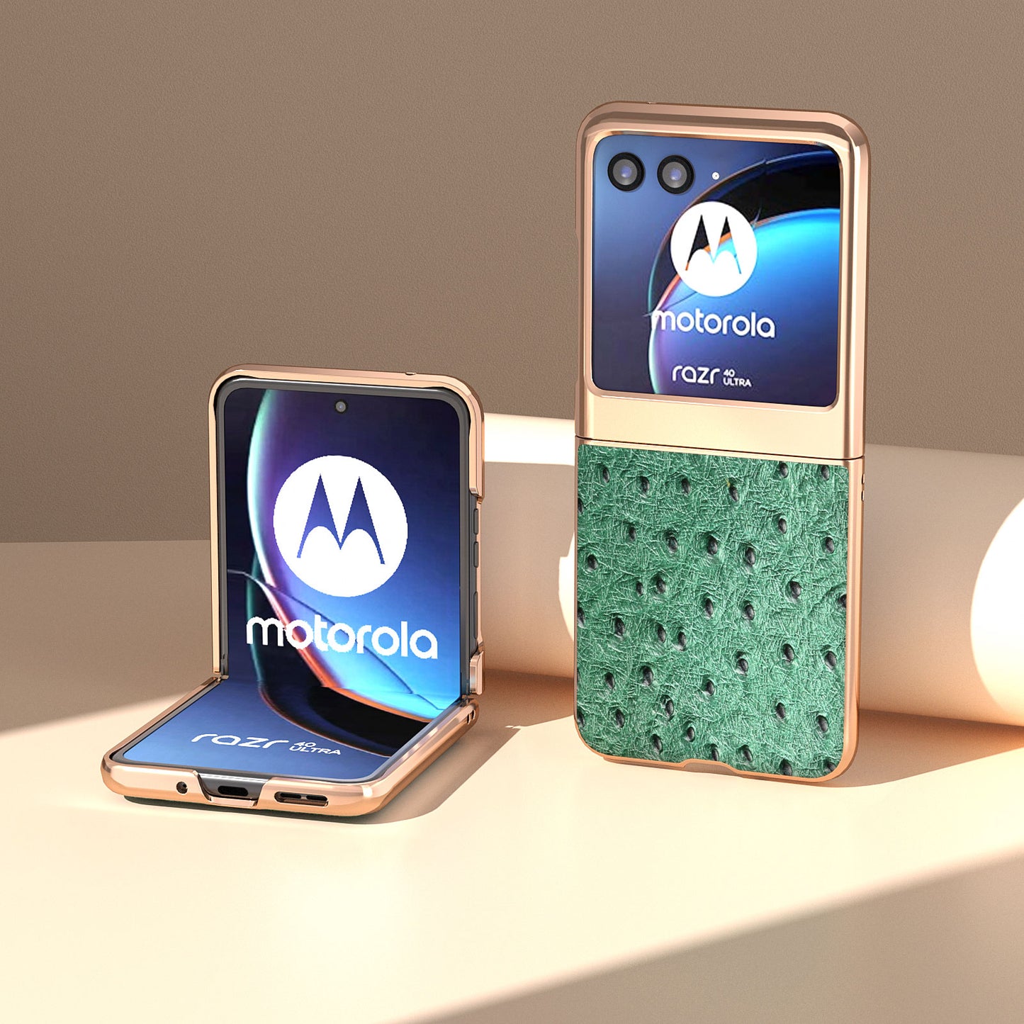 Uniqkart for Motorola Razr 40 Ultra 5G Shockproof Ostrich Texture Case Genuine Cow Leather + PC Electroplating Phone Cover - Green