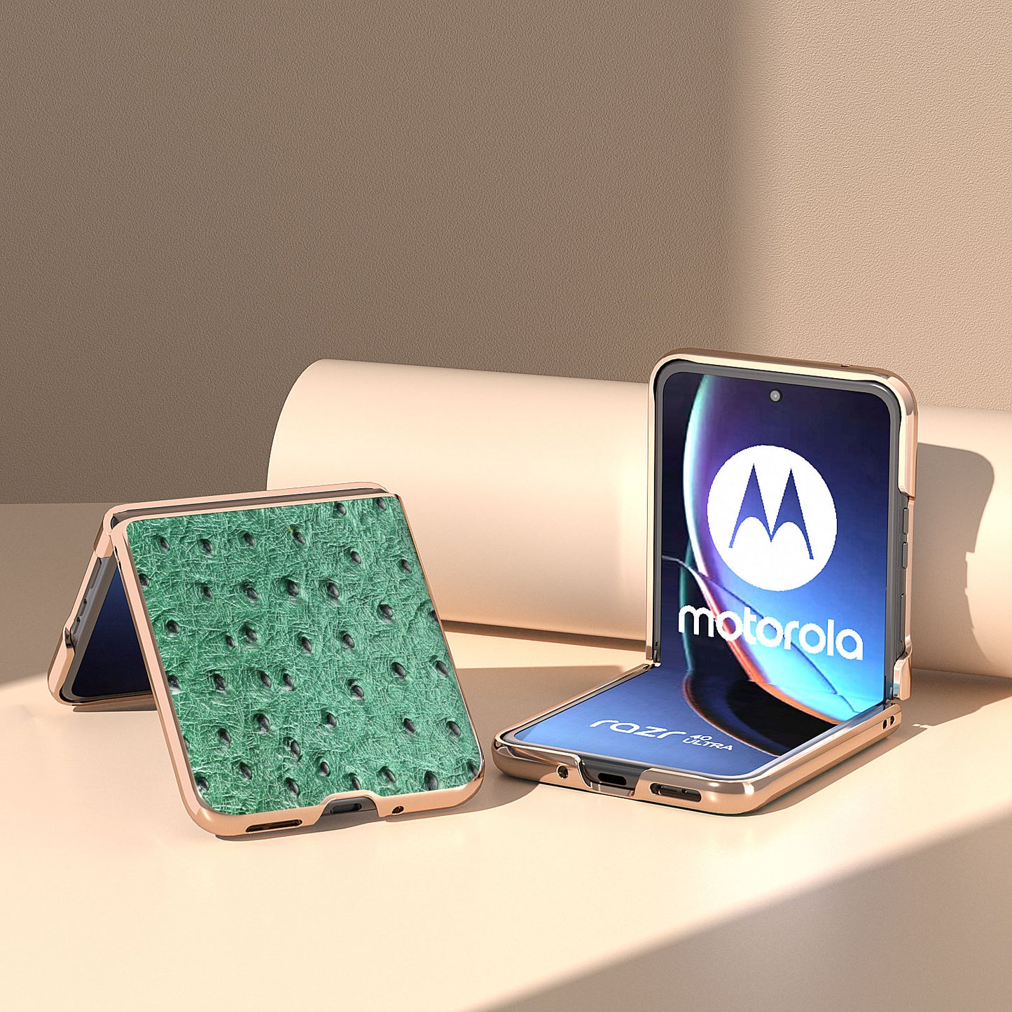 Uniqkart for Motorola Razr 40 Ultra 5G Shockproof Ostrich Texture Case Genuine Cow Leather + PC Electroplating Phone Cover - Green