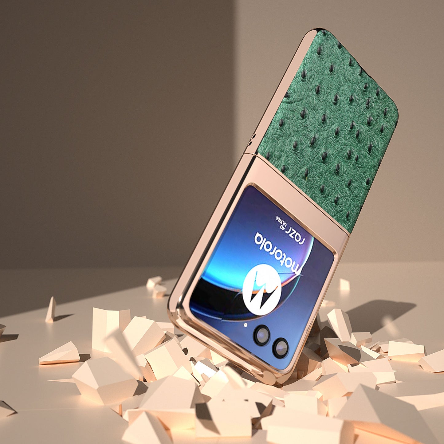 Uniqkart for Motorola Razr 40 Ultra 5G Shockproof Ostrich Texture Case Genuine Cow Leather + PC Electroplating Phone Cover - Green