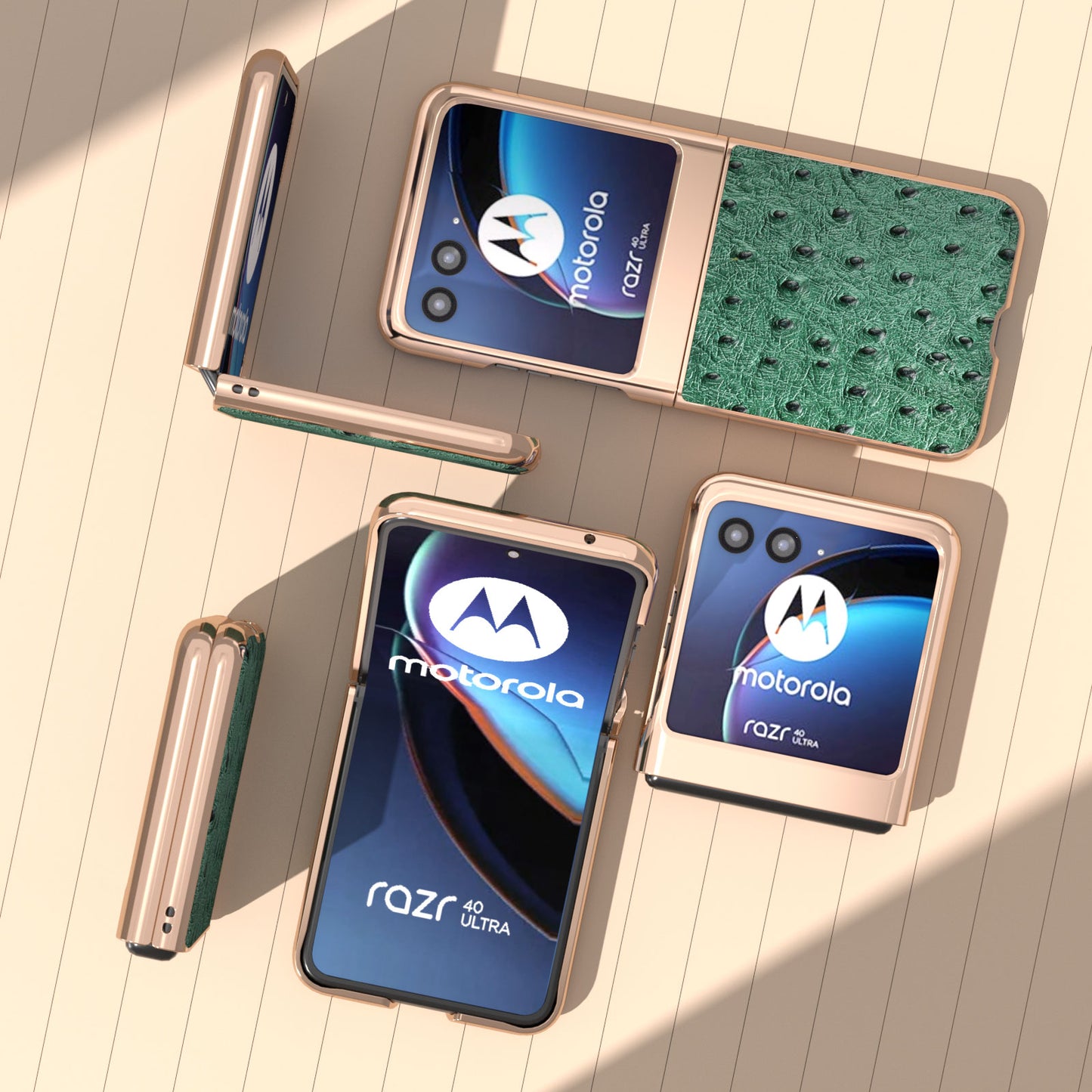 Uniqkart for Motorola Razr 40 Ultra 5G Shockproof Ostrich Texture Case Genuine Cow Leather + PC Electroplating Phone Cover - Green