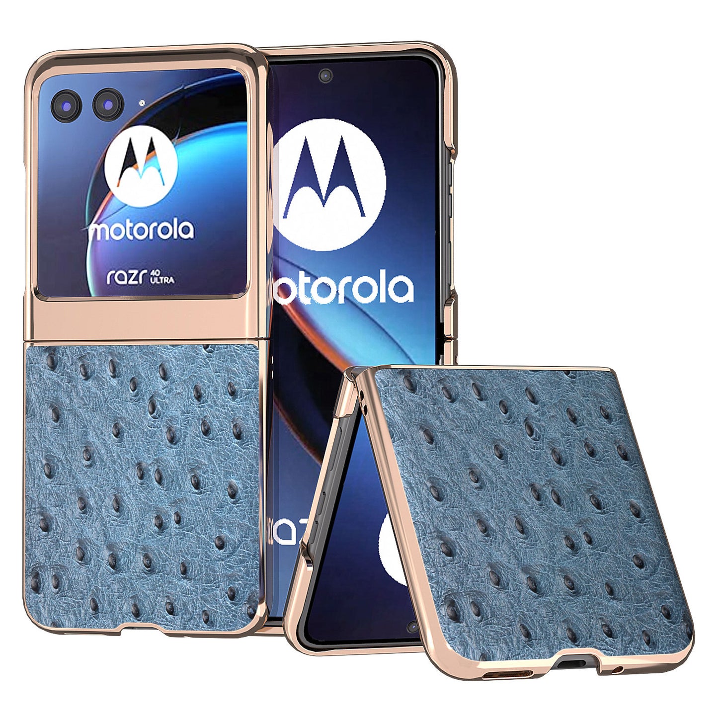 Uniqkart for Motorola Razr 40 Ultra 5G Shockproof Ostrich Texture Case Genuine Cow Leather + PC Electroplating Phone Cover - Blue