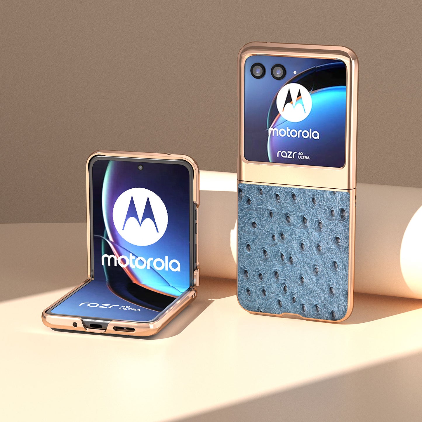 Uniqkart for Motorola Razr 40 Ultra 5G Shockproof Ostrich Texture Case Genuine Cow Leather + PC Electroplating Phone Cover - Blue