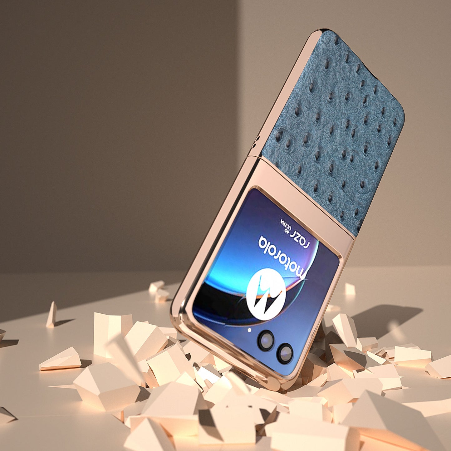 Uniqkart for Motorola Razr 40 Ultra 5G Shockproof Ostrich Texture Case Genuine Cow Leather + PC Electroplating Phone Cover - Blue