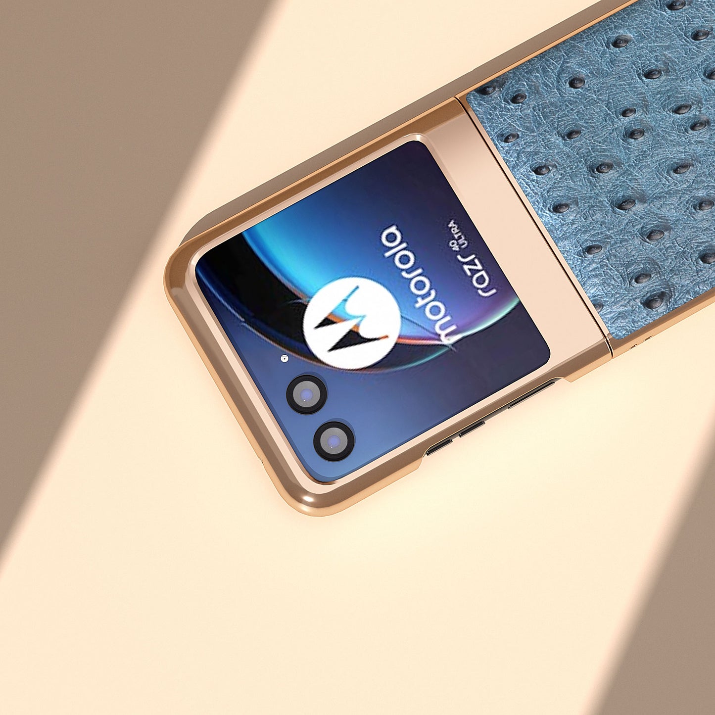 Uniqkart for Motorola Razr 40 Ultra 5G Shockproof Ostrich Texture Case Genuine Cow Leather + PC Electroplating Phone Cover - Blue