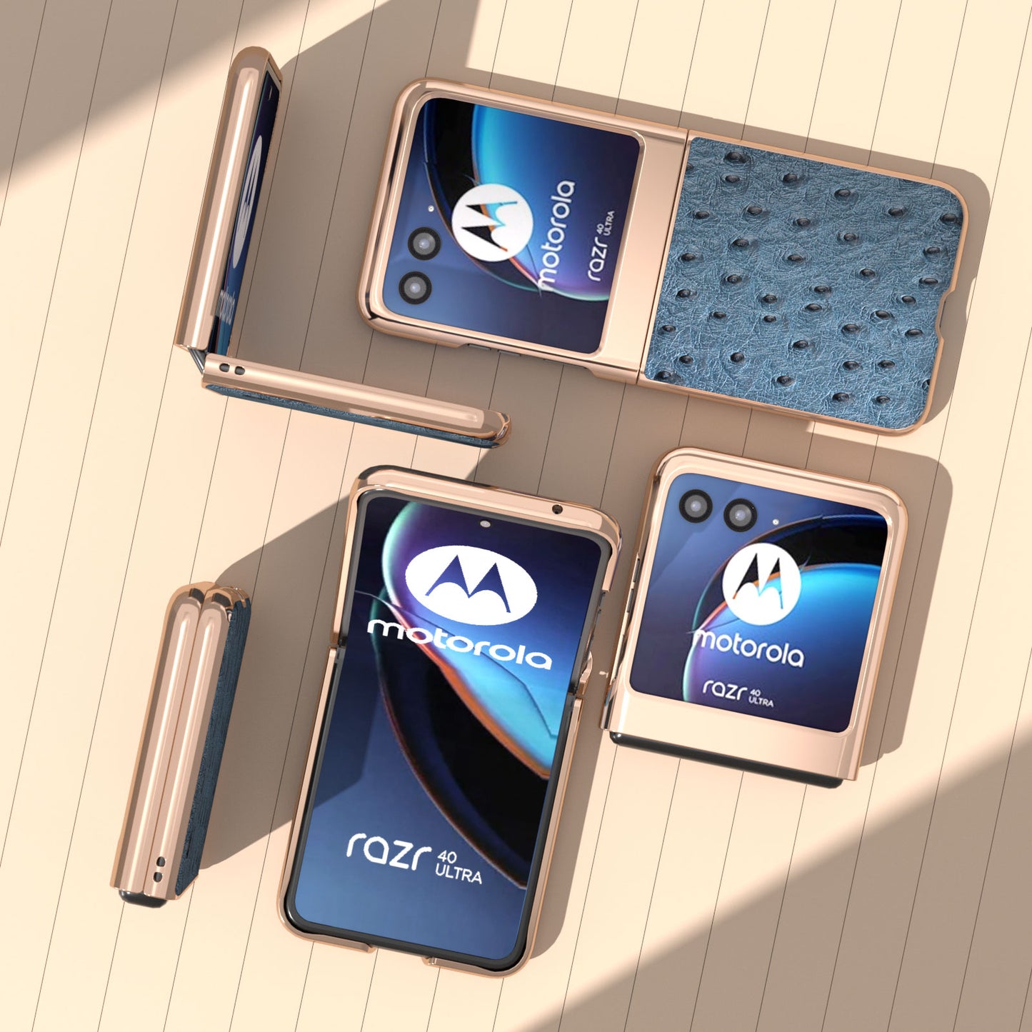 Uniqkart for Motorola Razr 40 Ultra 5G Shockproof Ostrich Texture Case Genuine Cow Leather + PC Electroplating Phone Cover - Blue